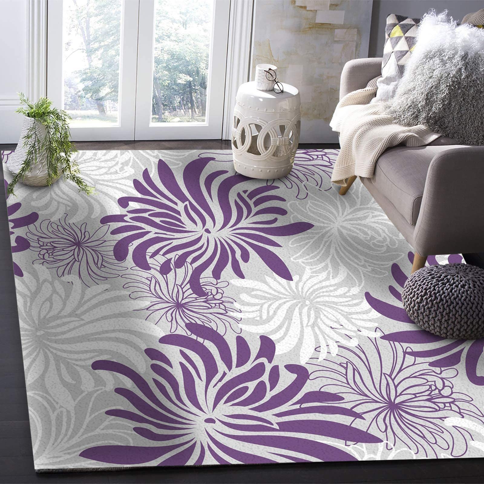Abstract Purple Floral Area Rug - Soft Washable White Grey Chrysanthemum Carpet for Nursery, Bedroom & Living Room - 5'3