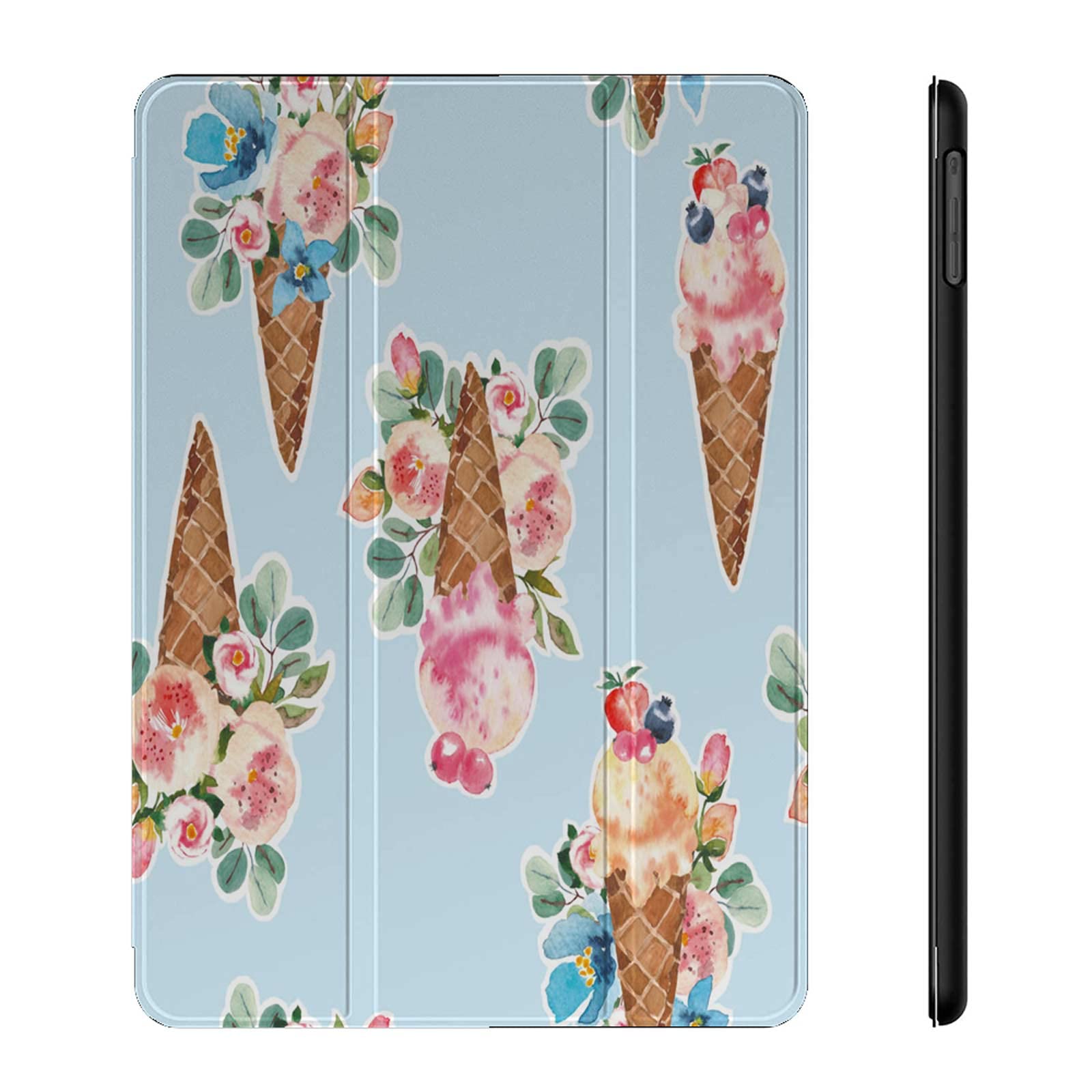 Premium Watercolor Ice Cream Design iPad Air 5th/4th Generation Case - Floral Bouquet, Eucalyptus & Cone Patterns [Apple Pencil Charging Compatible] Trifold Stand Protective Cover for iPad Air 5/4 - Perfect for Work, School & Creative Use