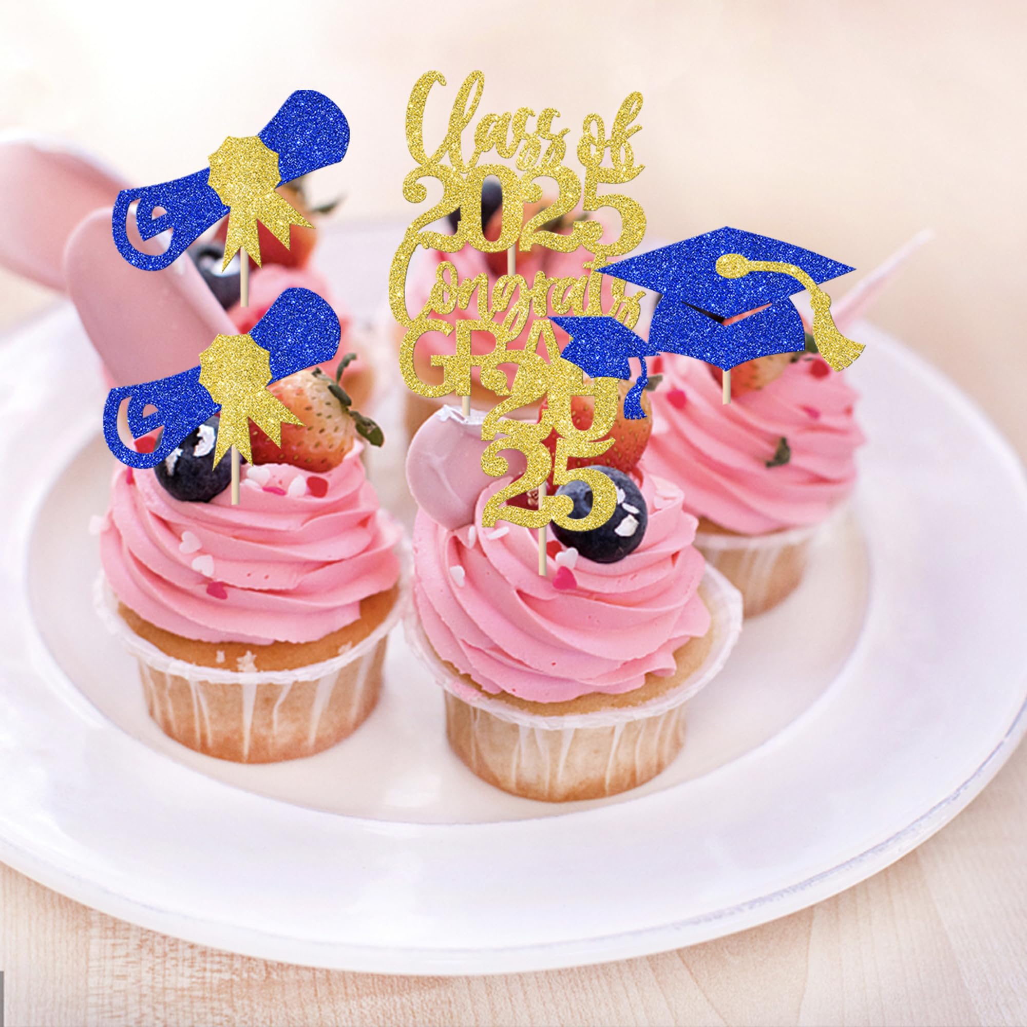 30 Pack Class of 2025 Graduation Cupcake Toppers - Glitter Gold & Blue Congrats Grad Cap & Diploma Cupcake Picks - Perfect for 2025 Senior Graduation Party Decorations, Cake Decor, and Celebration Supplies
