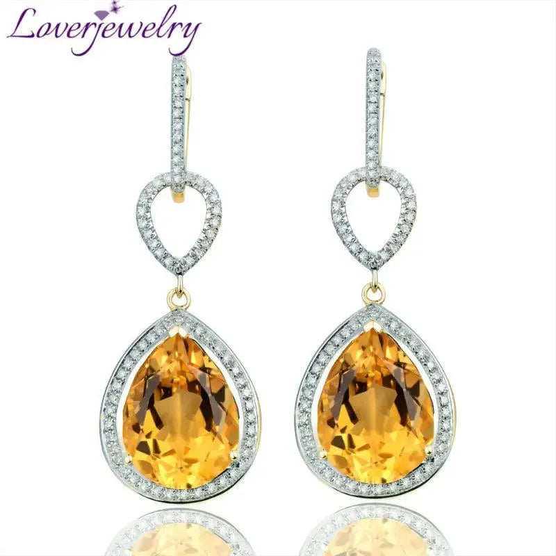 14KT Yellow Gold Natural Citrine Diamond Drop Earrings for Women - Elegant Dangle Earrings for Anniversary, Birthday & Special Occasions