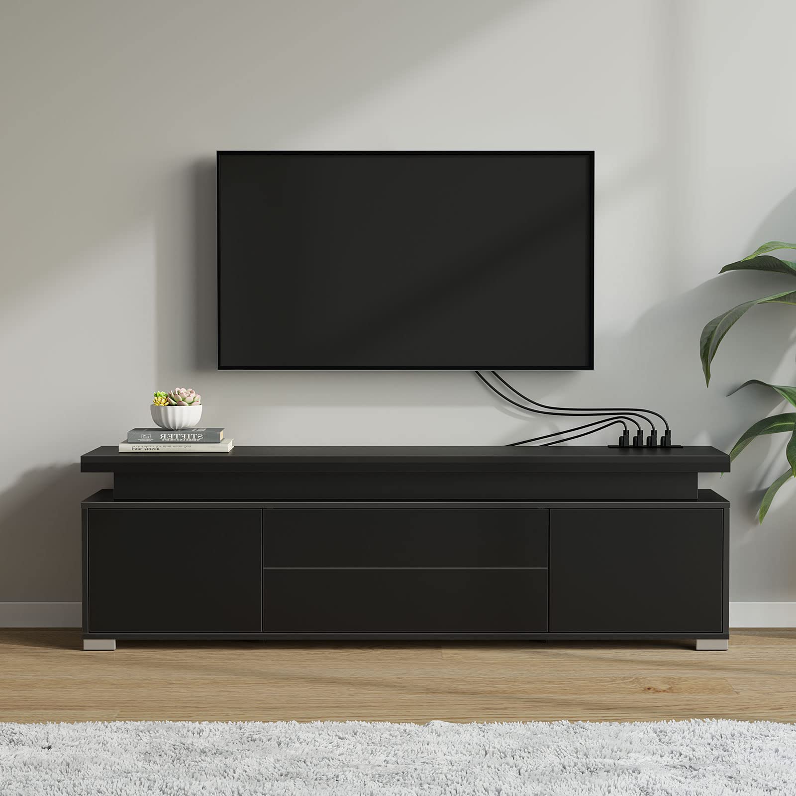 Rolanstar Modern TV Stand with Power Outlet & LED Lights - Universal Entertainment Center for 32-65 Inch TVs, Gaming TV Media Console with Large Storage Cabinet (Black) - Perfect for Living Room, Bedroom & Home Theater Setup