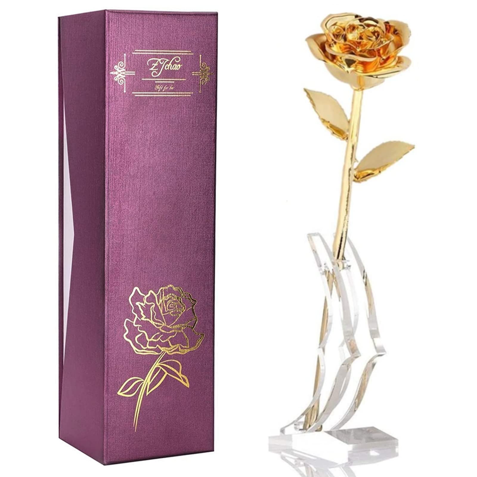 24K Gold Dipped Real Rose Eternal Flower - Luxury Preserved Rose with Stand, Romantic Gift for Wife, Girlfriend, Anniversary, Valentine's Day - Perfect for Weddings, Proposals, and Special Occasions (Gold)