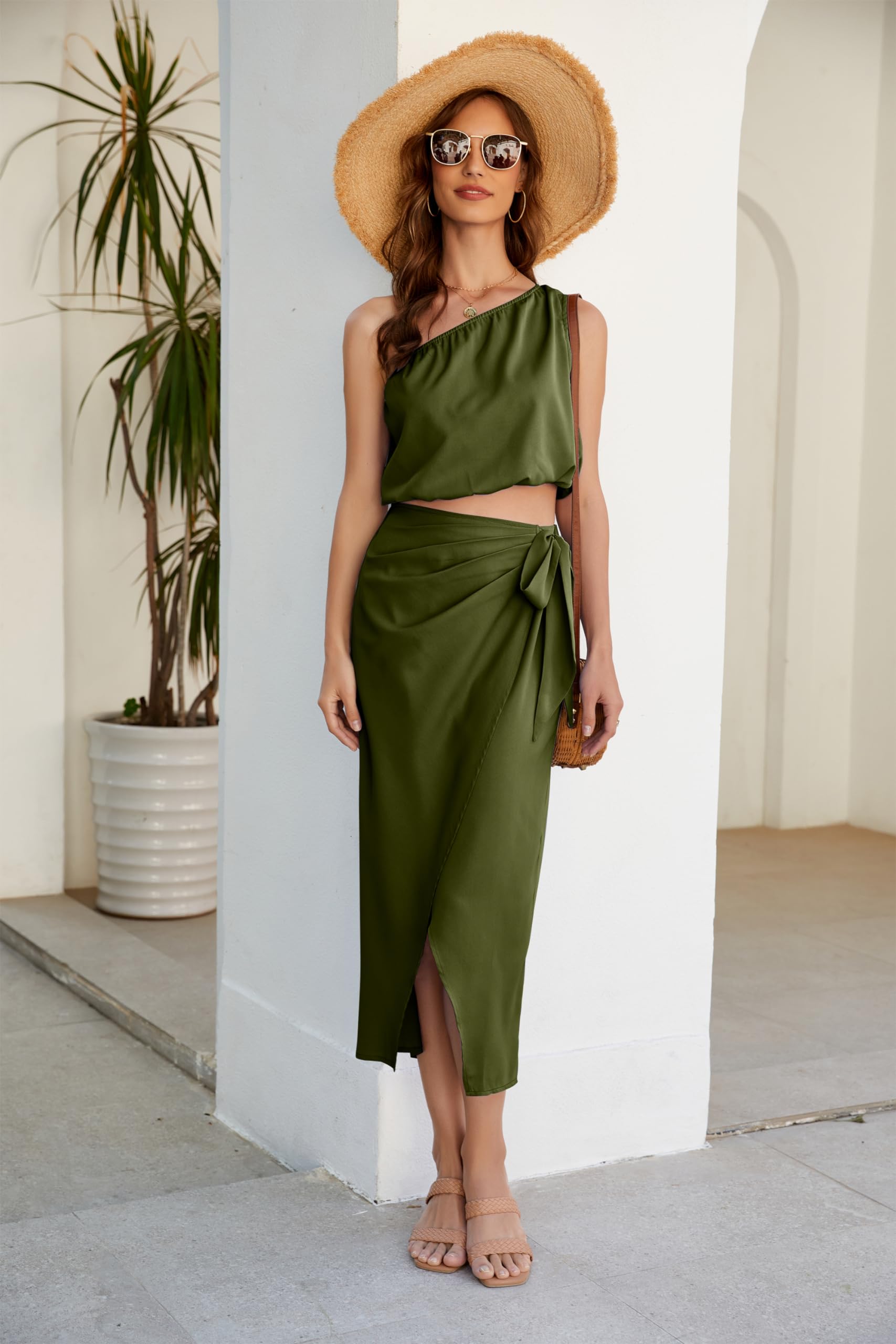 JULYCLO Women's One-Shoulder Sleeveless Skirt Set - High Waist Split Dress 2 Piece Outfit in Green | Summer Casual Fashion | Perfect for Beach, Party & Date Night | Size Small