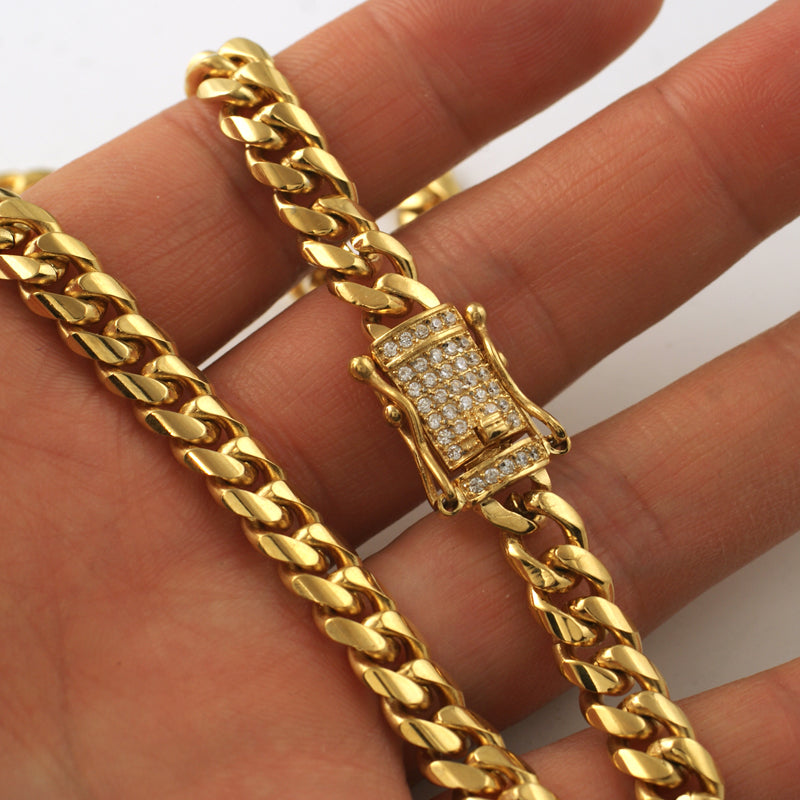 8mm CZ Diamond Clasp 14K Gold Plated Premium Cuban Chain Necklace for Men - Perfect for Gifts, Parties & Everyday Luxury Wear