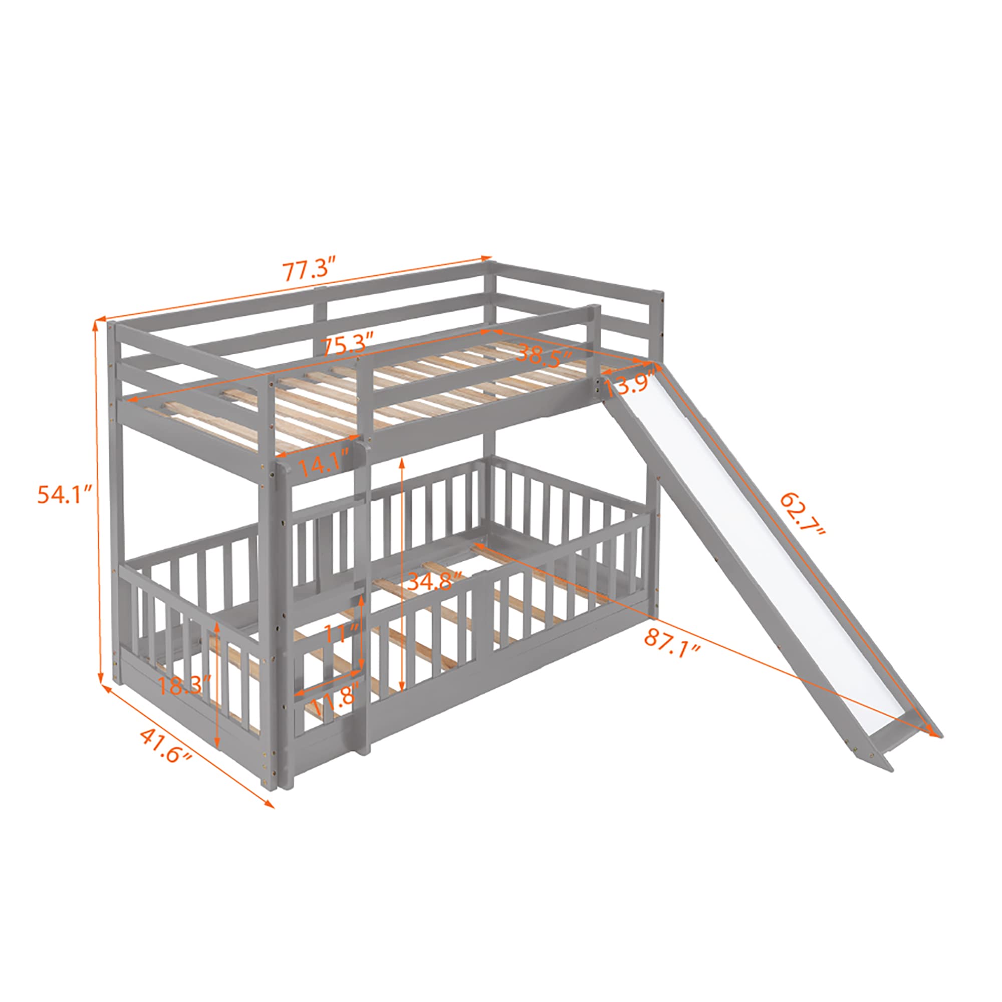 Harper & Bright Designs Twin Over Twin Low Bunk Bed with Slide - Wooden Kids Bunk Bed with Ladder & Safety Guardrail - Space Saving Bed Frame for Boys & Girls (Gray) - Perfect for Small Bedrooms, Kids' Rooms & Shared Spaces