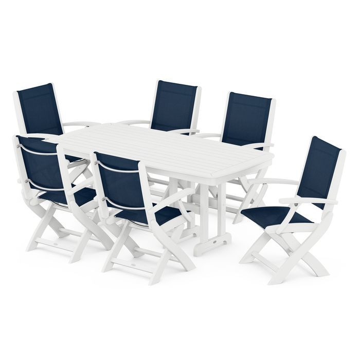 POLYWOOD Coastal Folding Arm Chair 7-Piece Outdoor Dining Set - Perfect for Patio, Deck, Poolside & Beachfront Entertaining