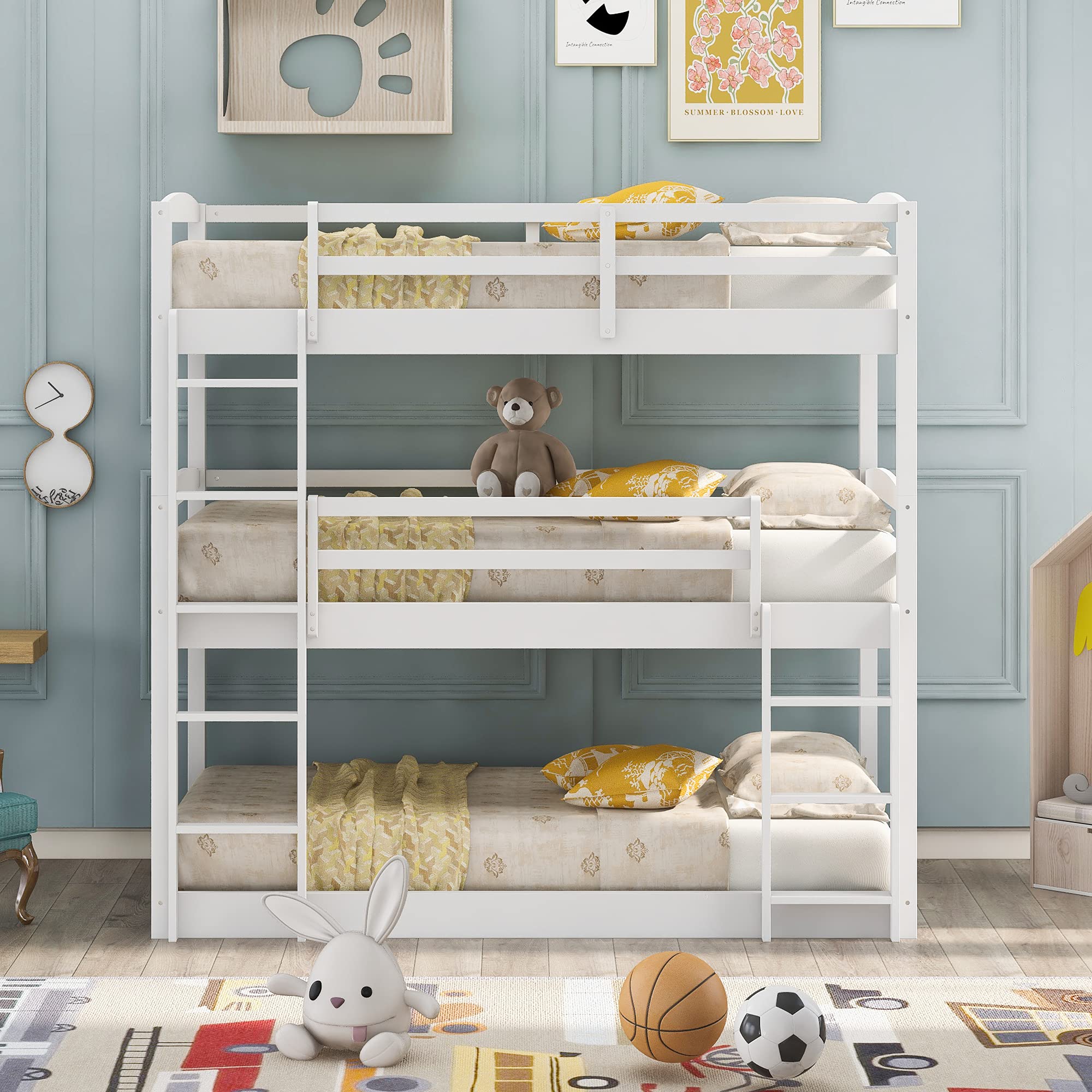 Solid Wood Triple Bunk Bed for Kids - Twin Over Twin Over Twin Bunk Bed Frame with 2 Built-in Ladders & Safety Guardrail, Convertible to Twin Bunk Beds or Loft Bed (White) - Perfect for Small Bedrooms, Kids' Rooms & Space-Saving Solutions