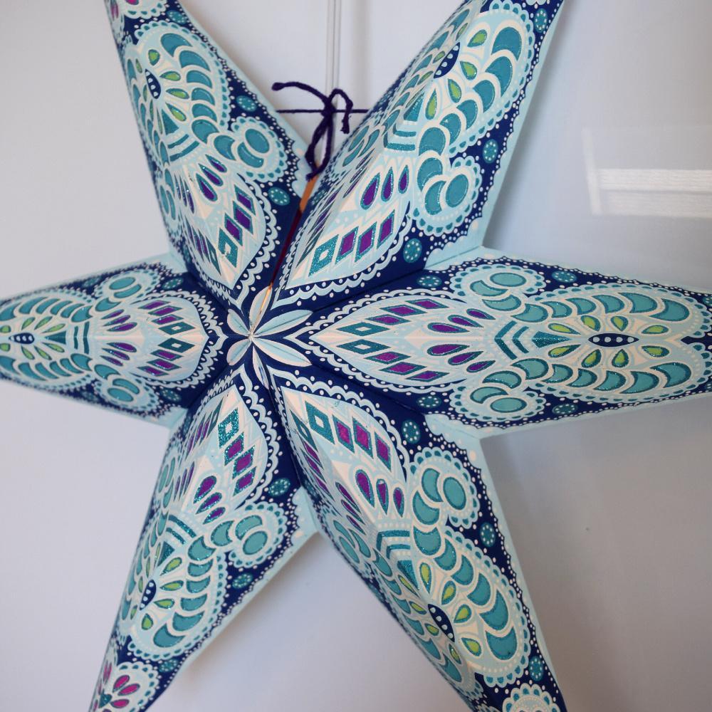24 Pack Turquoise Blue Peacock Glitter 6-Point Paper Star Lanterns - Hanging Party Decorations for Christmas, Wedding, Baby Shower & Home Decoration