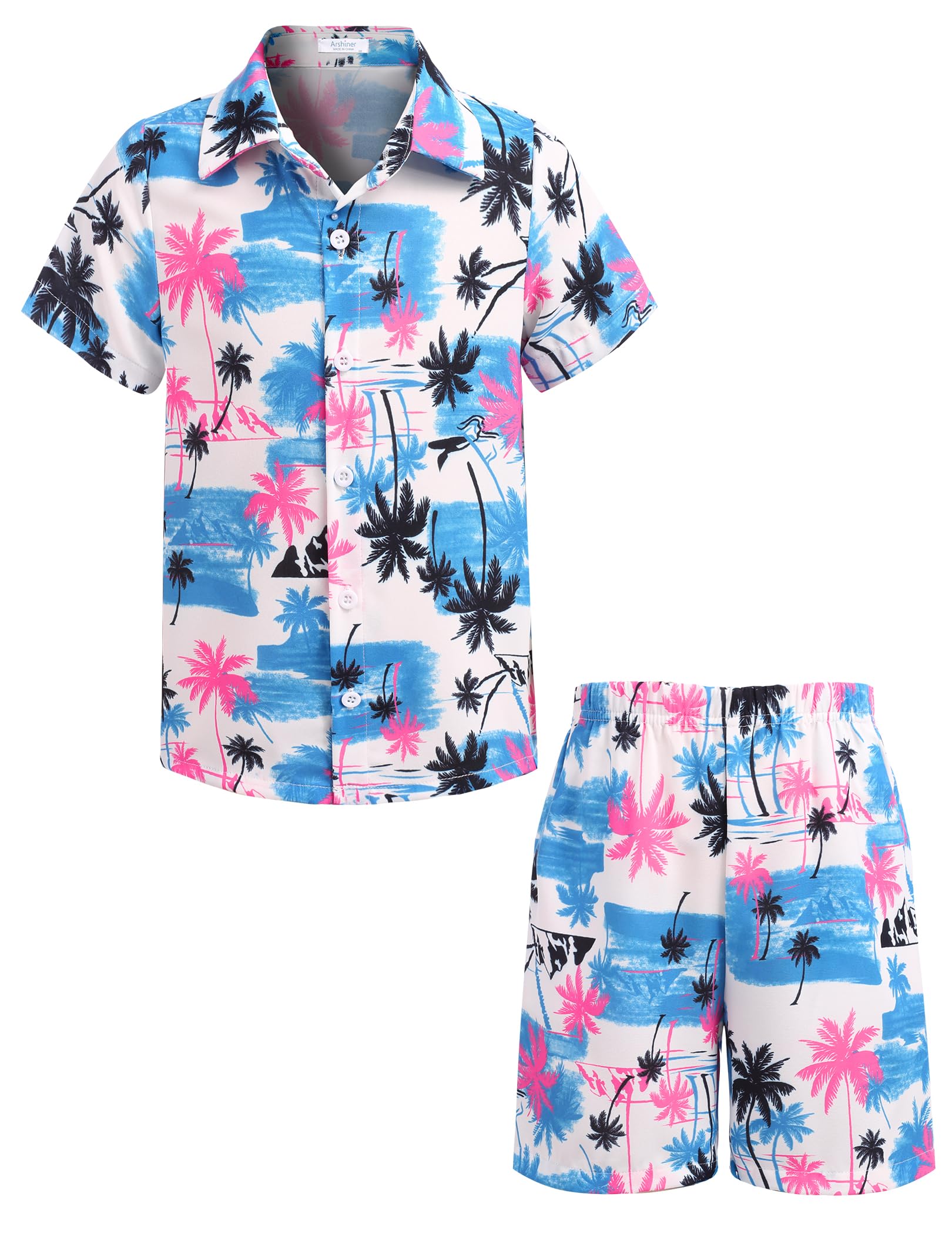 Arshiner Boys 2-Piece Hawaiian Outfit Set - Button Down Shirt & Shorts for Summer Beach Vacation | Tropical Casual Wear for Kids Ages 4-12 | Perfect for Pool Parties, Family Trips and Outdoor Adventures