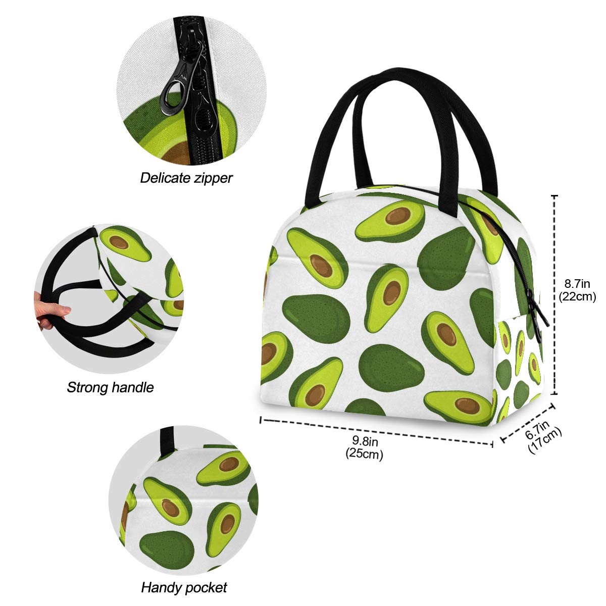 Blueangle Avocado Pattern Insulated Lunch Bag for Women & Students - Reusable Thermal Tote Bag & Lunch Cooler Box - Perfect for Work, School, Picnics & Outdoor Activities