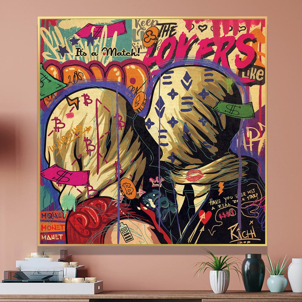 Romantic Lovers Kiss Canvas Wall Art - Hand Painted Couple Painting for Bedroom & Living Room Decor - Perfect Gift for Anniversaries & Valentine's Day