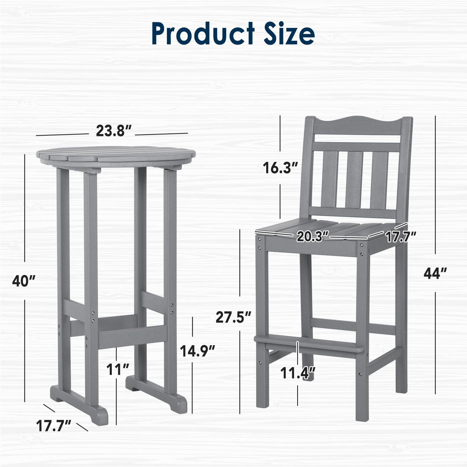 Premium HDPE Outdoor Bar Chairs and Table Set - 3-Piece Adirondack Balcony Furniture for Garden, Yard, Backyard (Grey) - Perfect for Patio Lounging, Poolside Relaxation, and Outdoor Entertaining