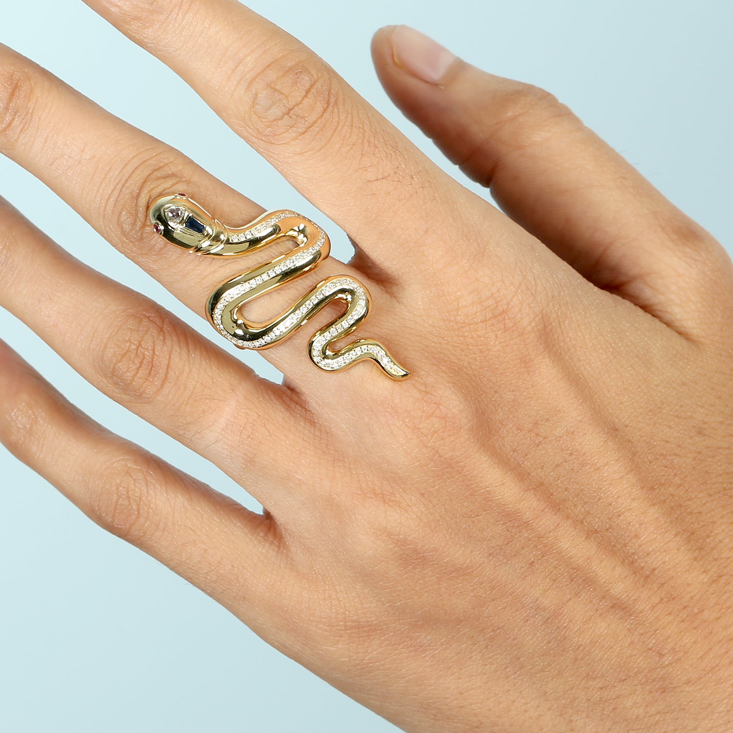 14K Yellow Gold Pave Diamond Baguette Cut Blue Sapphire Ruby Snake Ring for Women - Elegant Statement Jewelry for Parties, Weddings & Special Occasions
