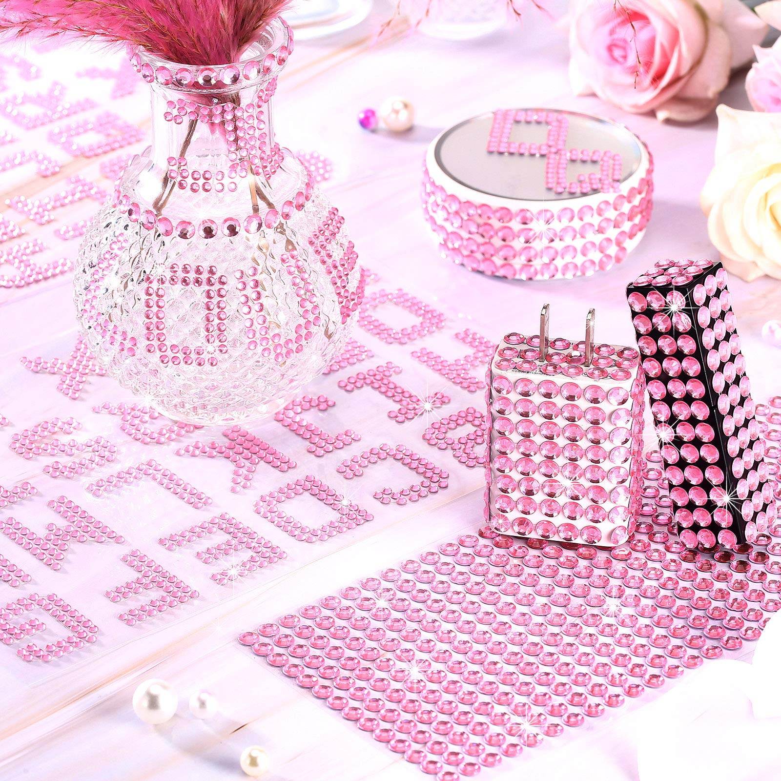 Zonon 6 Sheets Glitter Letter Stickers - Self Adhesive Rhinestone Alphabet Stickers (A-Z 26 Letters) for DIY Scrapbooking, Card Making, Nail Art & Home Decor - Pink Bling Craft Supplies