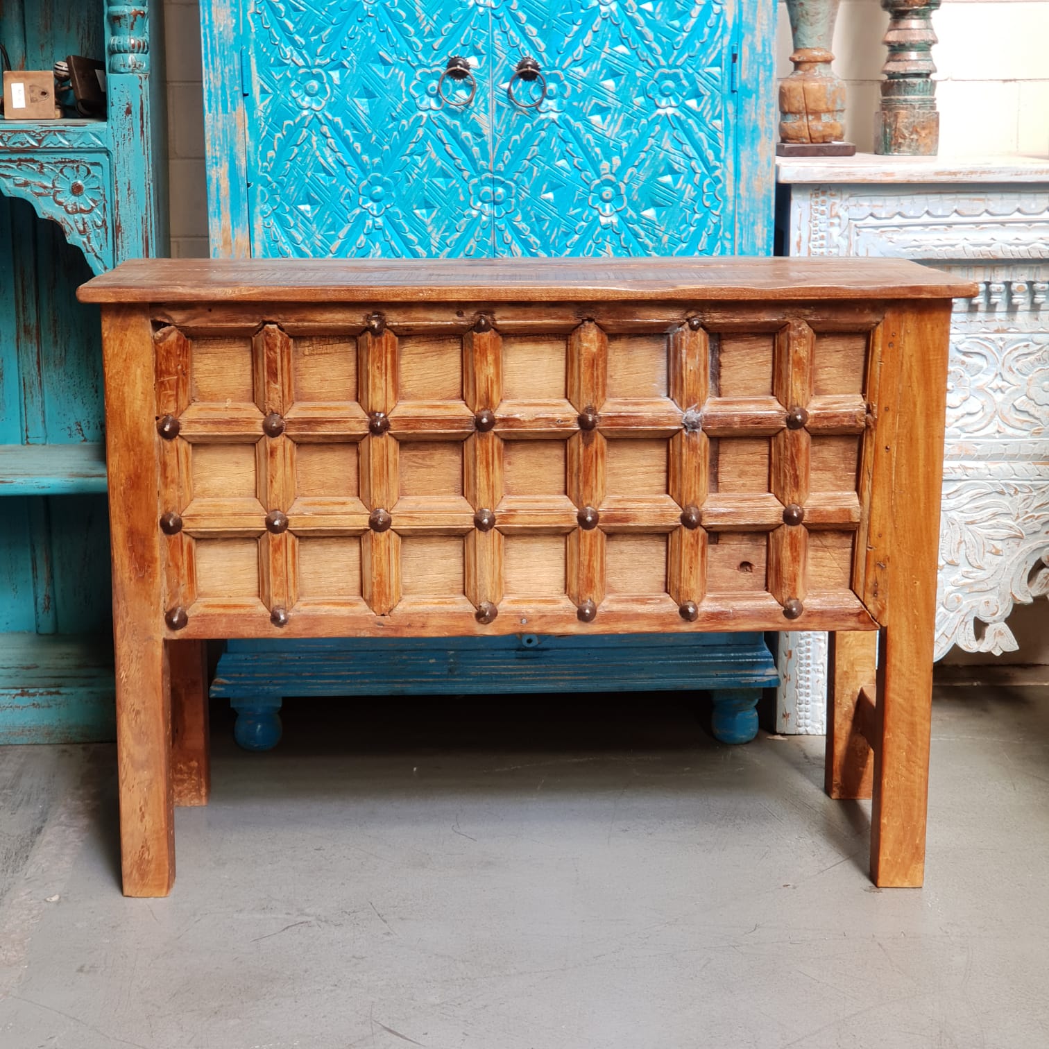 Handmade Carved Solid Hardwood Console Table with Iron Fittings - Rustic Entryway Table for Hallway, Living Room & Farmhouse Decor