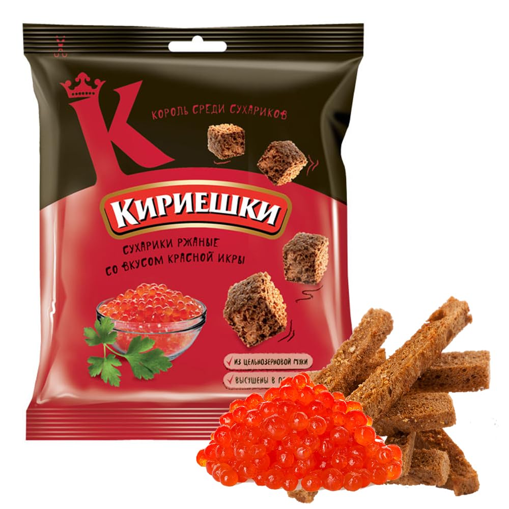 Premium Kirieshki Rye Crackers with Red Caviar Flavor - Crunchy Dry Bread Croutons (Suhariki) - Salted & Seasoned Snack - 40g/1.4oz per Pack (Set of 8) - Perfect for Parties, Movie Nights & Gourmet Gift Baskets