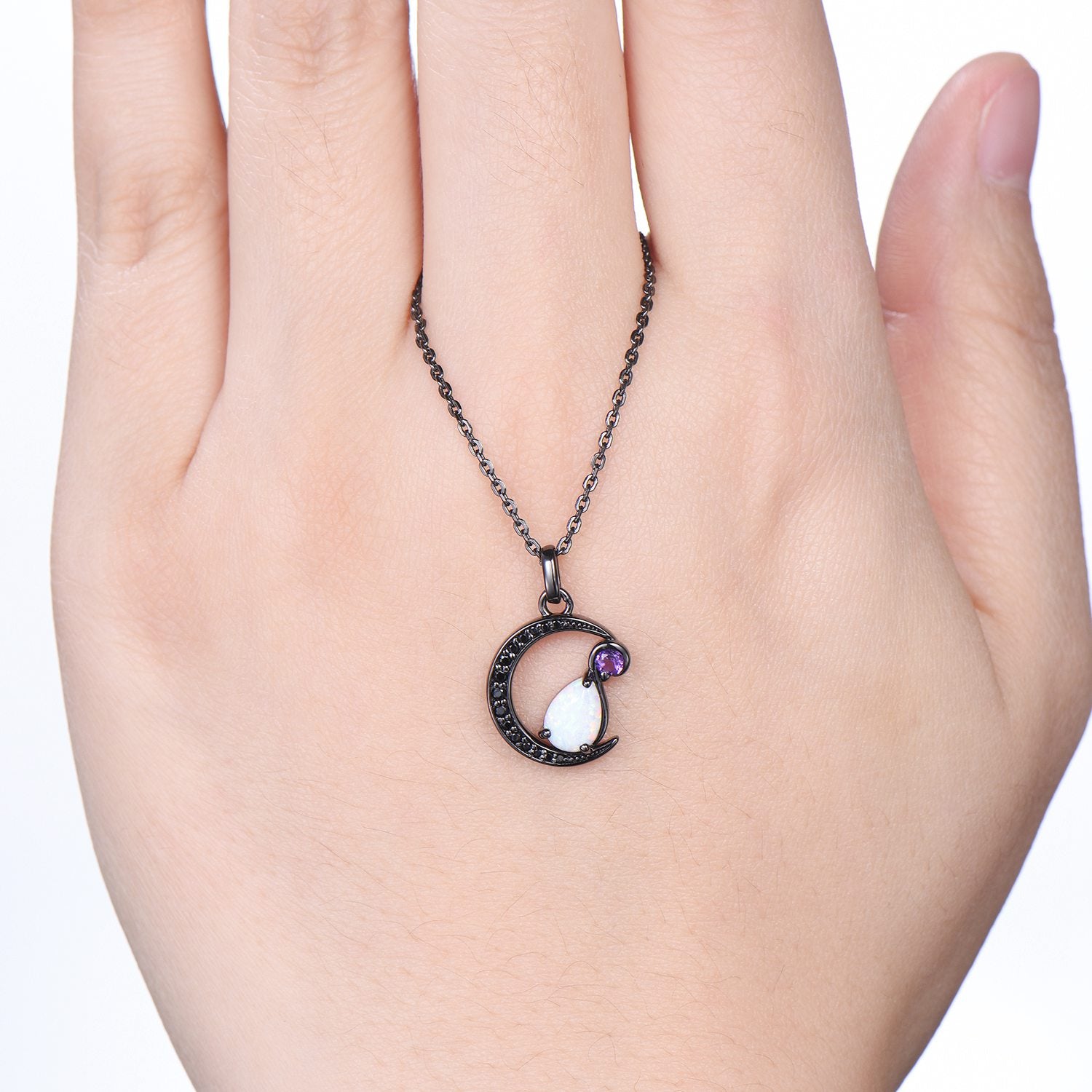 Magic Crescent Moon Black Gold Opal Amethyst Gothic Pendant Necklace - Unique Pear Shaped Fire White Opal Black Spinel Jewelry for Women | Perfect for Halloween, Gothic Fashion, Witchy Aesthetic & Boho Chic Outfits