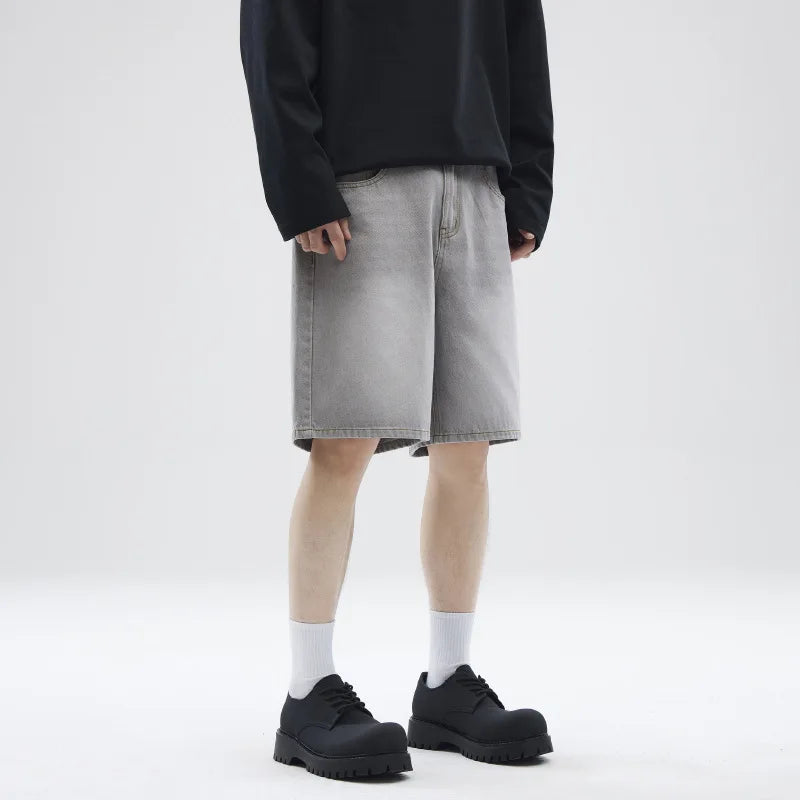 2025 Trendy American Fashion Men's Denim Shorts - Solid Color Summer Loose Straight Leg 5/4 Length Casual Pants (Style 9W1348) | Perfect for Beach Outings, Streetwear & Summer Vacations