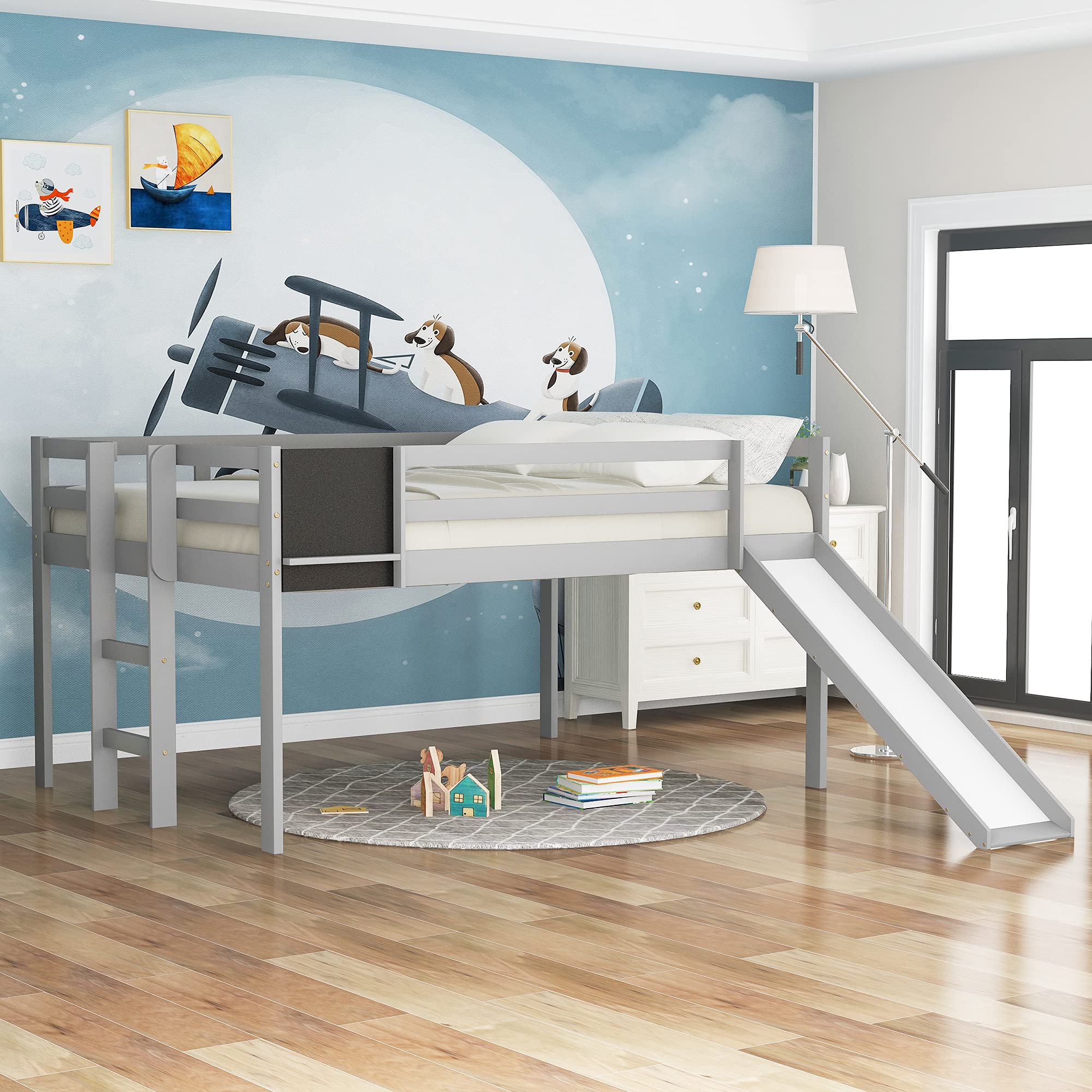 Solid Wood Loft Bed with Slide & Stairs - Twin Size Kids Bed with Chalkboard & Safety Rail - Easy Assembly No Box Spring Needed (Gray) - Perfect for Small Bedrooms, Playrooms & Dorm Rooms