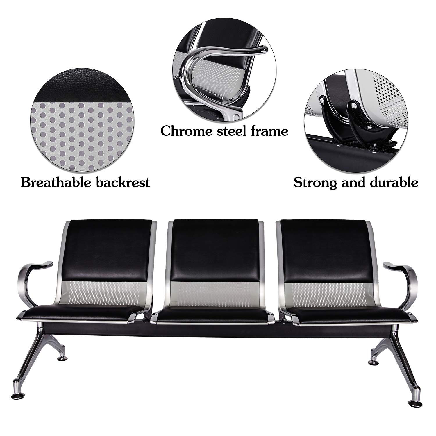 Kinsuite 5-Seat PU Leather Reception Waiting Room Chairs with Arms - Office Guest Chairs for Airport, Bank, Hospital & Business Lounge Seating - Durable Bench for High Traffic Areas