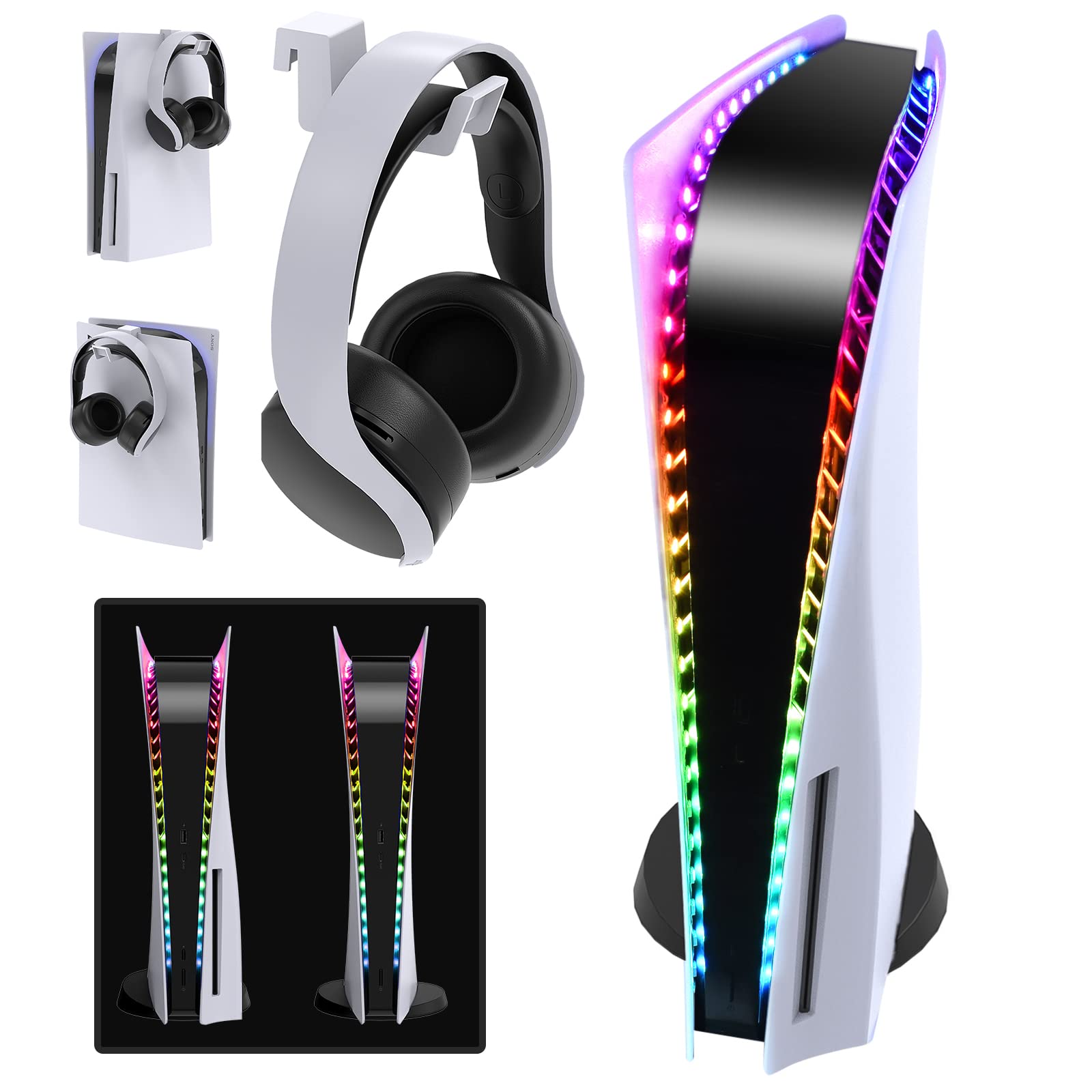 RGB LED Gaming Headset Stand for PS5 Console - 7 Color Modes & 358 Lighting Effects with LED5050 Beads | Perfect for PS5 Setup & Gaming Room Decor