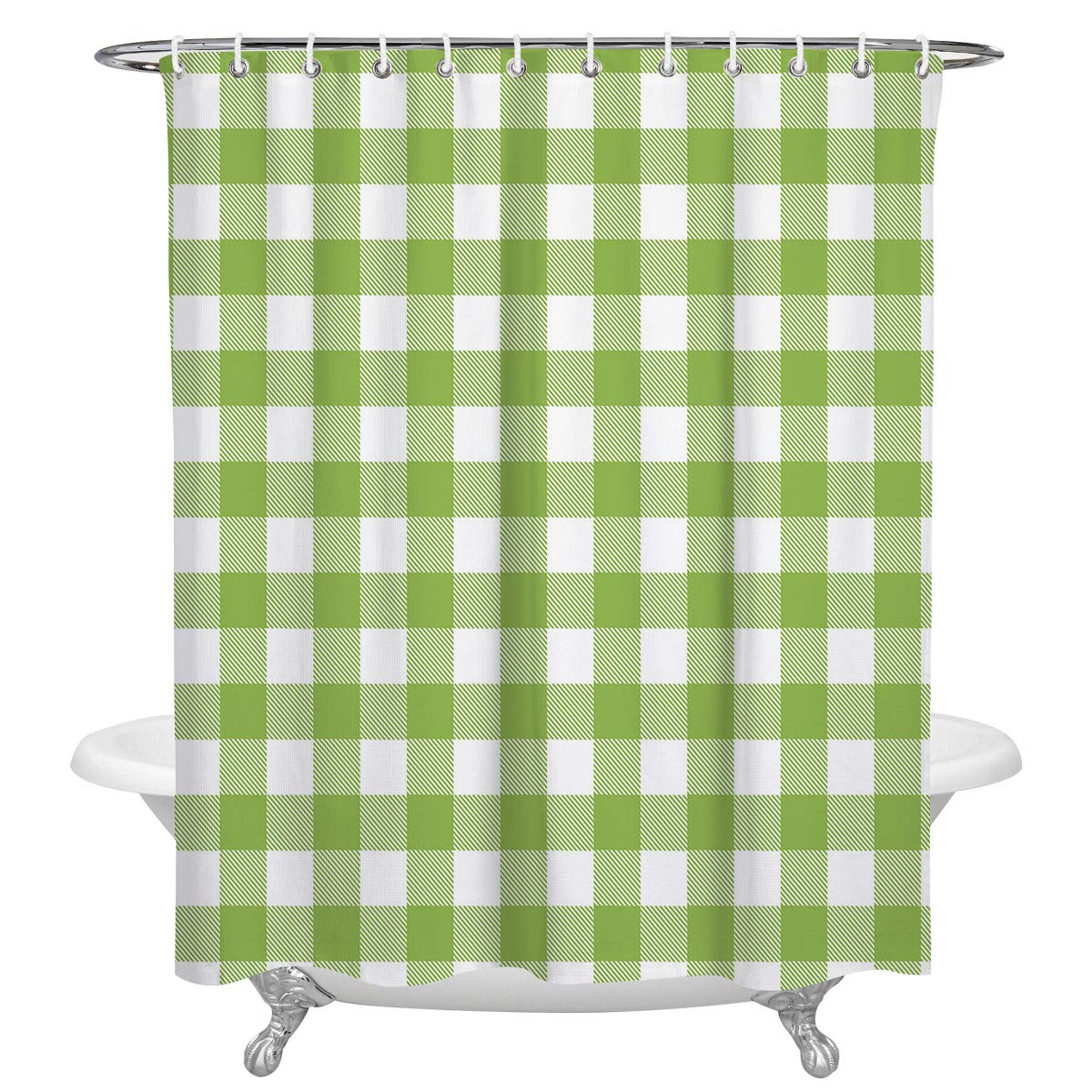 Farmhouse Buffalo Plaid Green Waterproof Shower Curtain Set with 12 Hooks - 72x72 Inch Machine Washable Bathroom Decor for Rustic & Country Style Homes - Perfect for Farmhouse, Cottage, or Vintage Themed Bathrooms