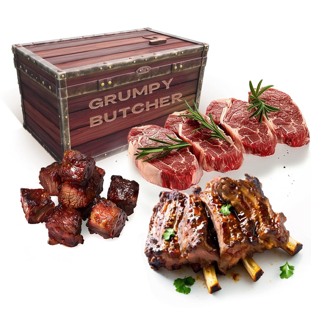 Premium Grumpy Butcher Steak House Meat Box - 4 Sirloin Steaks, Smoked Beef Brisket & Braised Wagyu Short Ribs - Gourmet Meat Gift Box for BBQ, Dinner Parties & Special Occasions