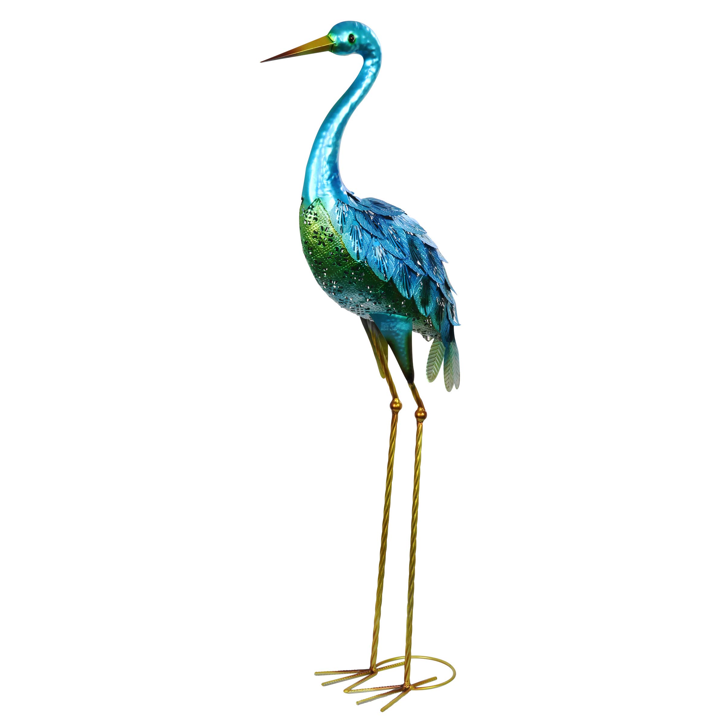 Exhart Coastal Blue Crane Garden Statue - 13 x 7 x 38.5 Inch Stamped Metal Outdoor Decor for Patio, Yard & Beach House Landscaping