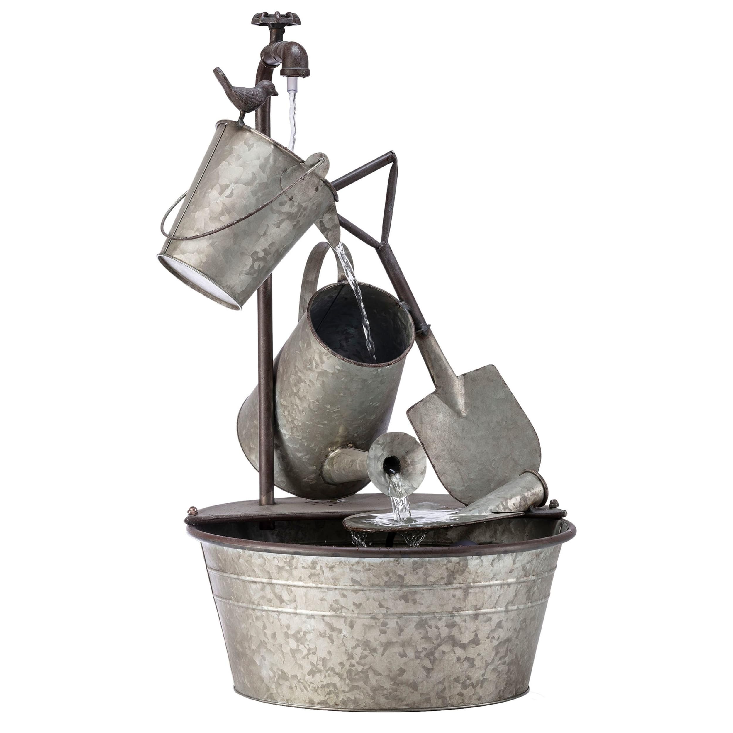 Alpine Corporation YHL106 3-Tiered Metal Outdoor Water Fountain with Garden Tools & Faucet Waterfall - 28 Inch Gray Patio Decor for Garden, Yard, and Backyard Relaxation