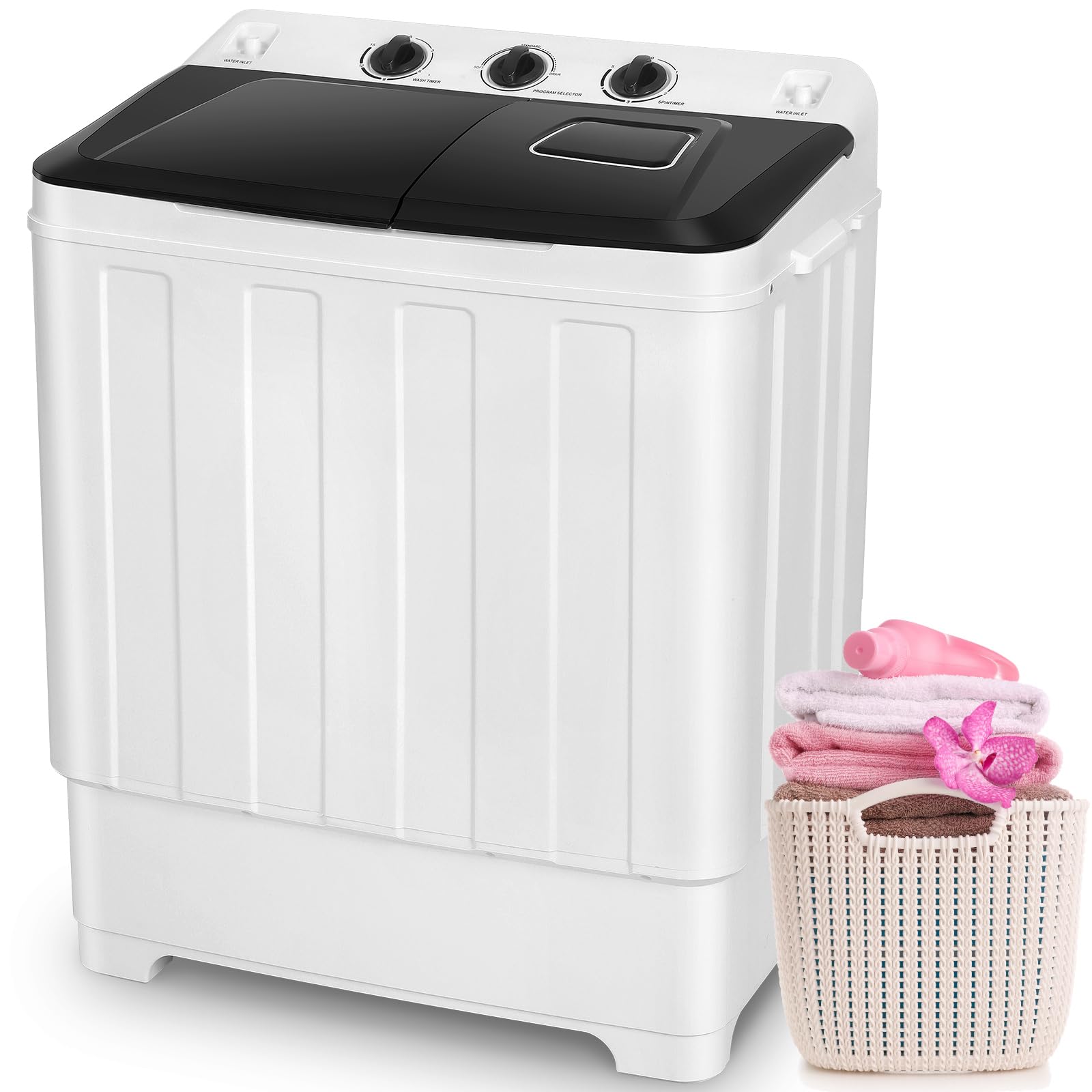 30Lbs Capacity Portable Twin Tub Washing Machine with Built-in Drain Pump - Compact Washer & Spin Dryer Combo (19Lbs Wash + 11Lbs Spin) - Perfect for Apartments, Dorms, RVs & Small Spaces - Ideal for Travel, Camping & Off-Grid Living