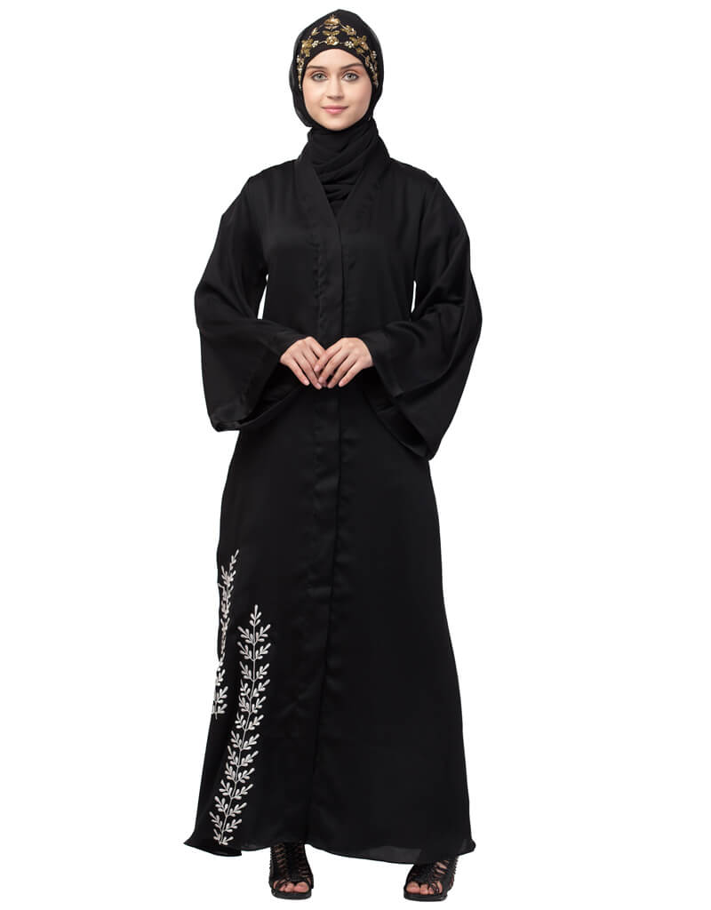 Elegant Black Dubai Abaya with Arabic Side Embroidery - Open Front Design for Women - Perfect for Prayer, Modest Fashion, and Special Occasions
