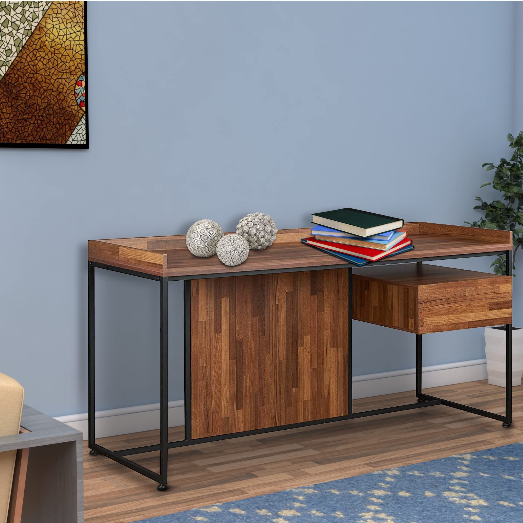 Benjara Wooden Top Desk with Rectangular Metal Frame - Brown and Black Home Office Desk for Small Spaces | Modern Writing Desk for Study, Work, and Home Office
