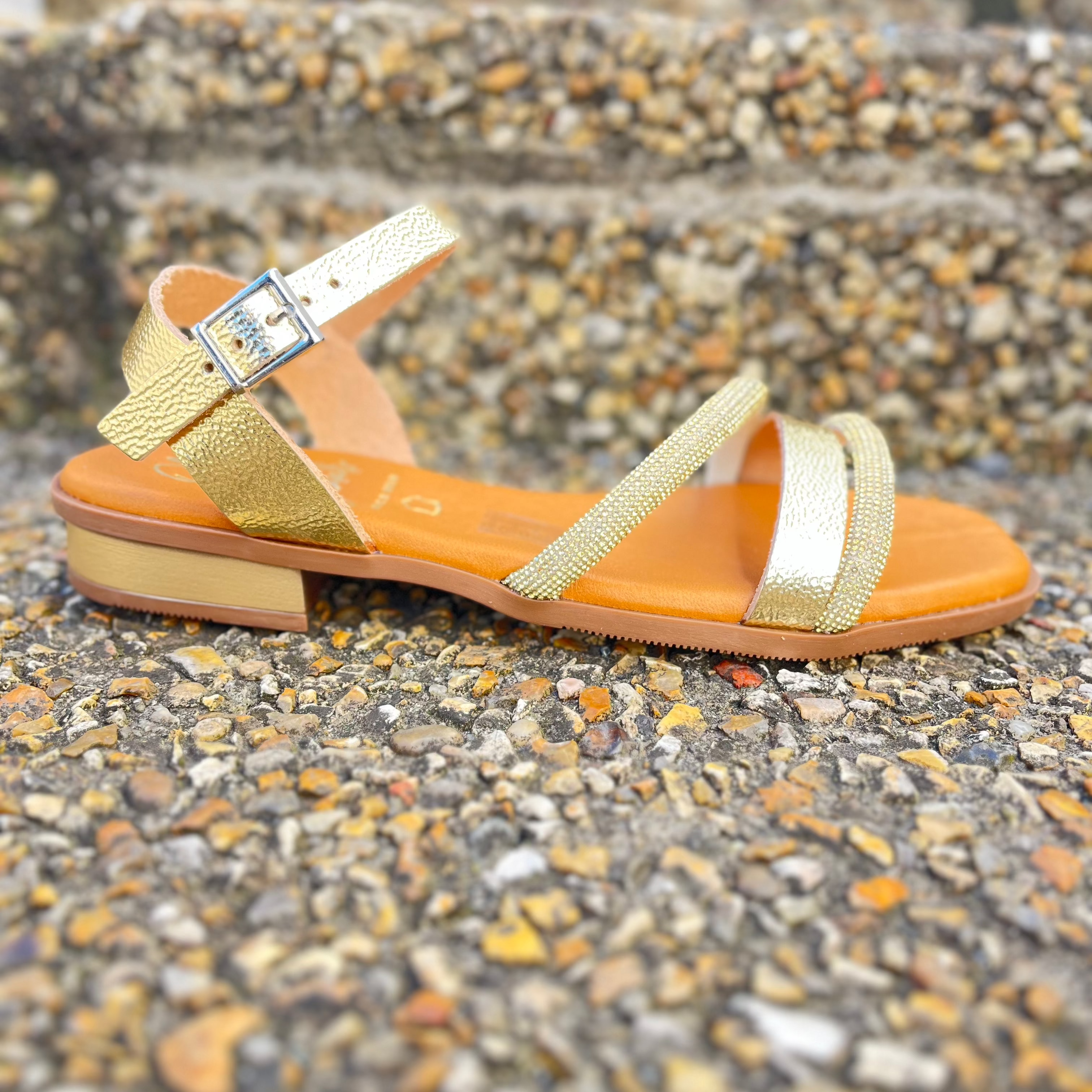 OH MY SANDALS Women's Gold Glitter Diamante Flat Sandals - Comfortable Summer Beach Wedding Slides for Women | Perfect for Vacation, Pool Party & Casual Outings