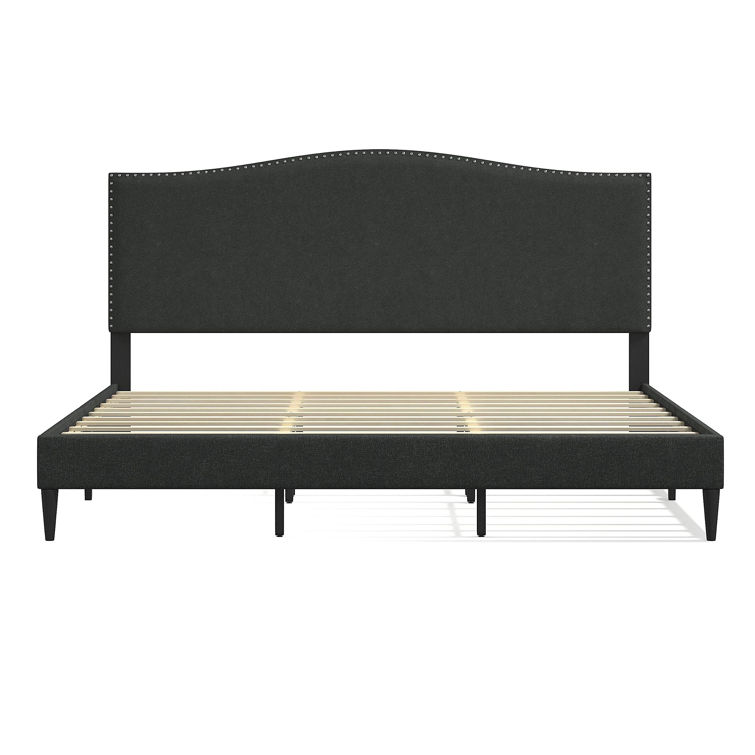 Glenwillow Home Kameli Upholstered King Size Bed Frame - Upholstered Platform Bed with Wood Slat Support, Nailhead Trim & Camelback Design - No Box Spring Needed, Easy Assembly, Gray - Perfect for Master Bedrooms & Guest Rooms