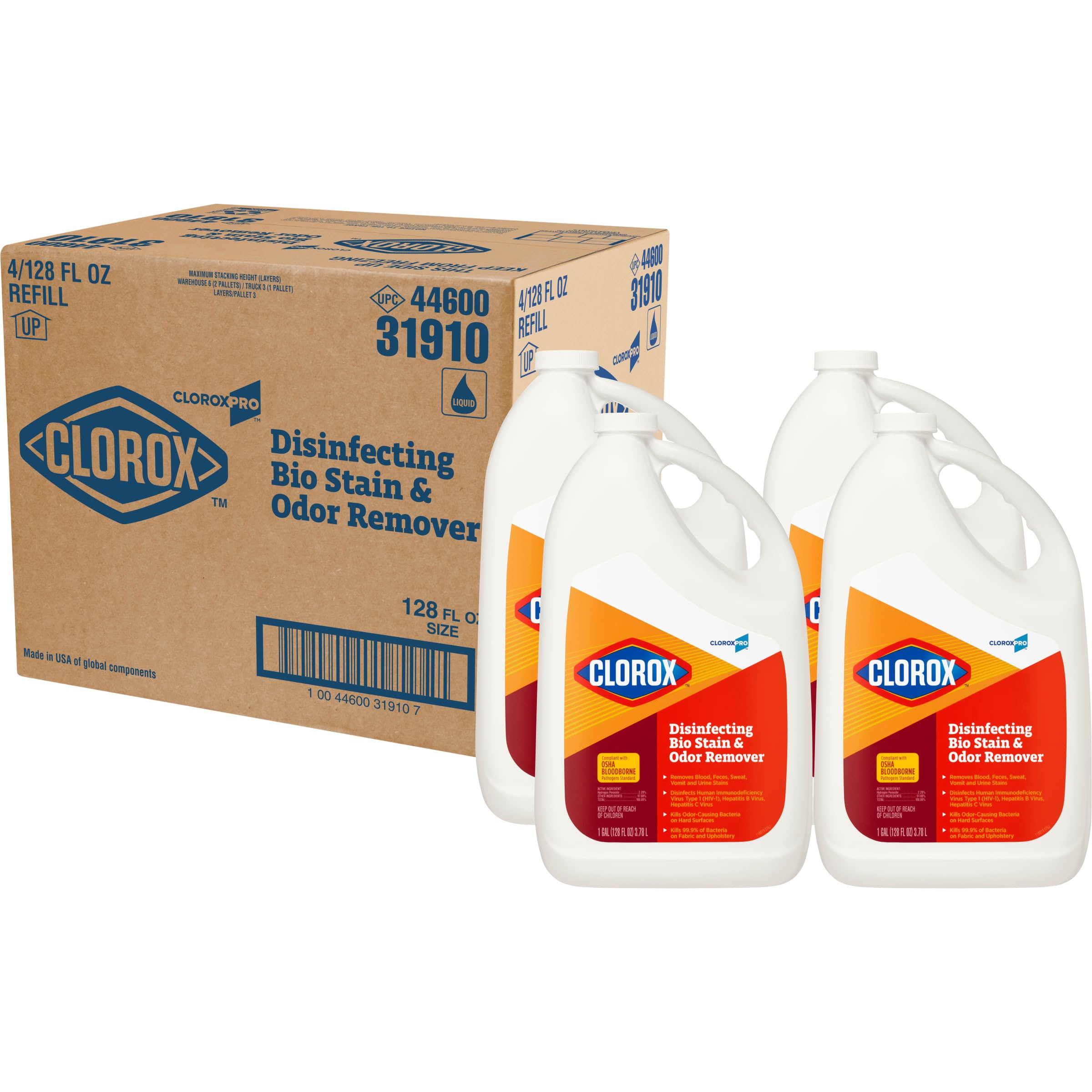 CloroxPro Disinfecting Bio Stain & Odor Remover Spray Refill - 128oz (4-Pack) | Healthcare, Industrial & Home Cleaning | Kills Germs & Eliminates Odors | Ideal for Hospitals, Schools & Offices