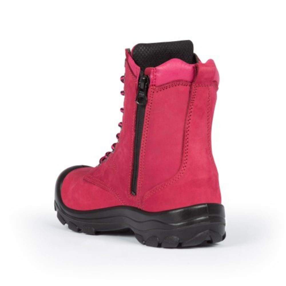 P&F S558 Women's 8 Steel Toe Work Boots with Side Zipper - Comfortable & Durable Safety Shoes for Construction, Warehouse & Outdoor Work (Red)