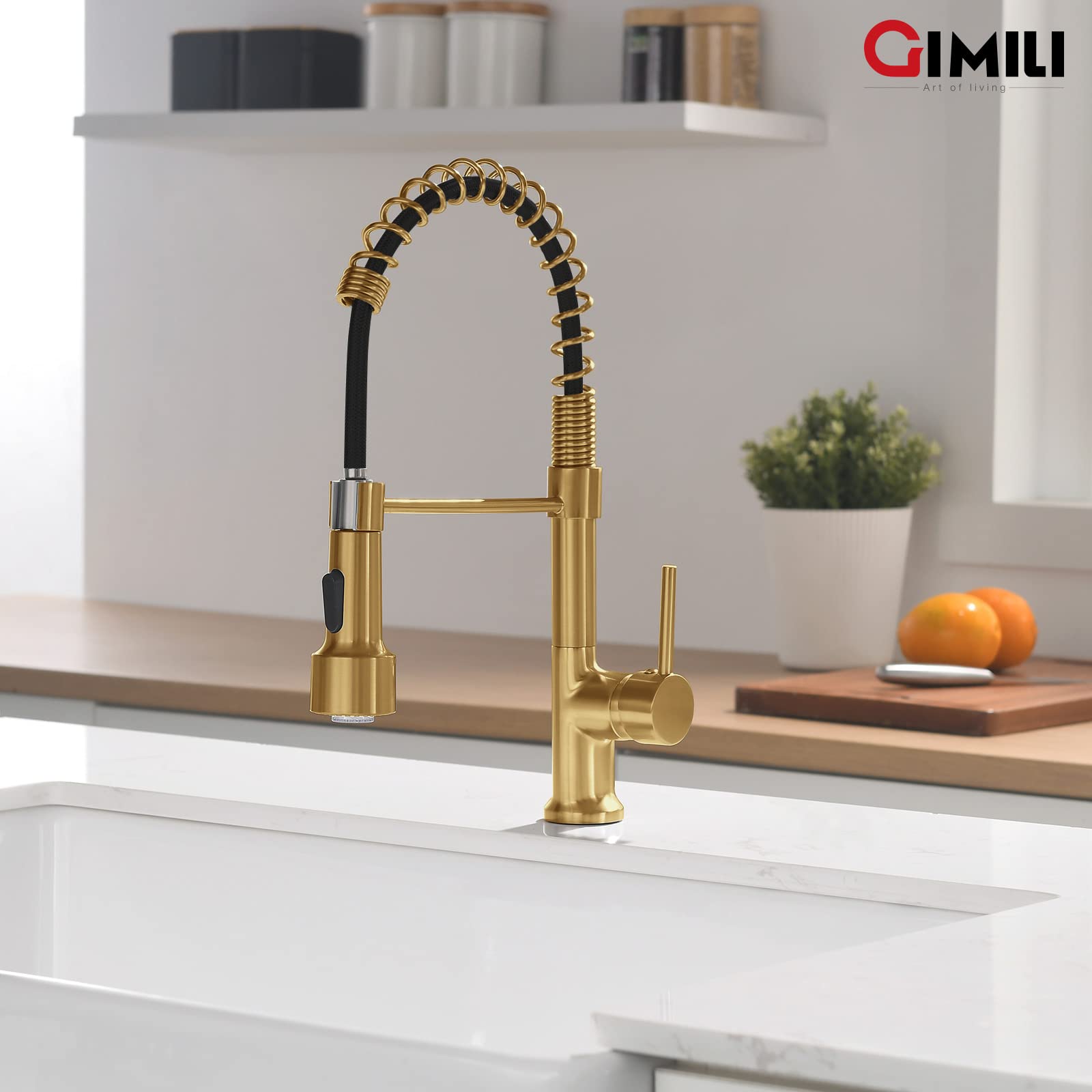 GIMILI Brushed Gold Kitchen Faucet with Pull Down Sprayer - Single Handle LED Kitchen Sink Faucet for Modern Home, Restaurant & Commercial Use