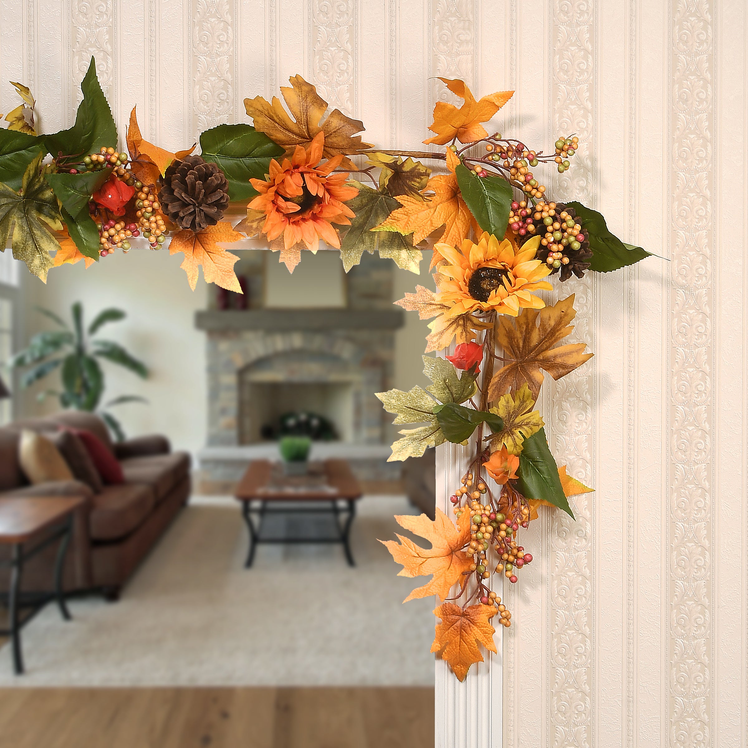 6 ft. Fall Garland with Sunflowers, Pinecones & Berries - Autumn Maple Leaf Decor for Fireplace Mantel, Thanksgiving Table, Front Door Wreath & Seasonal Home Decorations