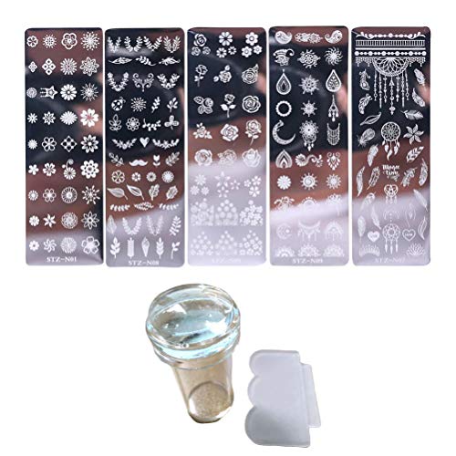French Manicure Stamping Kit - 7pcs Nail Art Stamping Plates with Floral Designs, DIY Nail Stencils & Templates (Includes 5 Templates, Seal & Scraper) + Silicone Stamper - Perfect for Salon, Home Manicure & Nail Art Enthusiasts