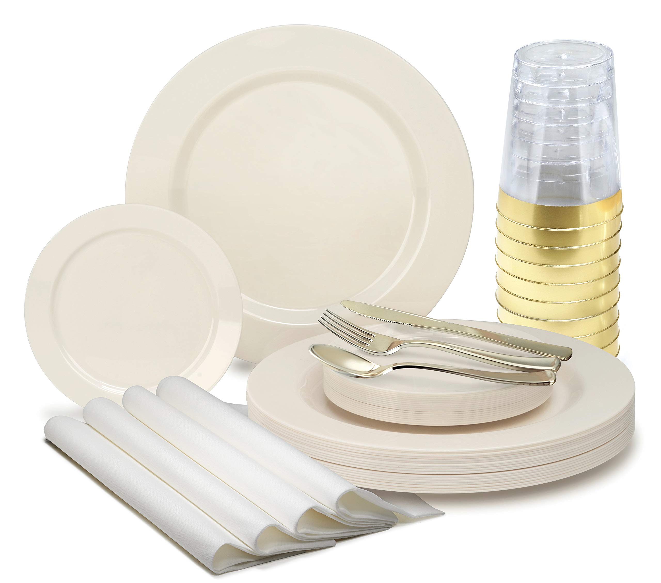 280-Piece Heavyweight Disposable Plastic Plate Set for Weddings & Parties - 40 x 10.5'' Dinner Plates + 40 x 6.25'' Dessert Plates + Gold Silverware + Cups + Napkins (Ivory) - Elegant Tableware for 40 Guests, Perfect for Bridal Showers, Baby Showers & Special Events