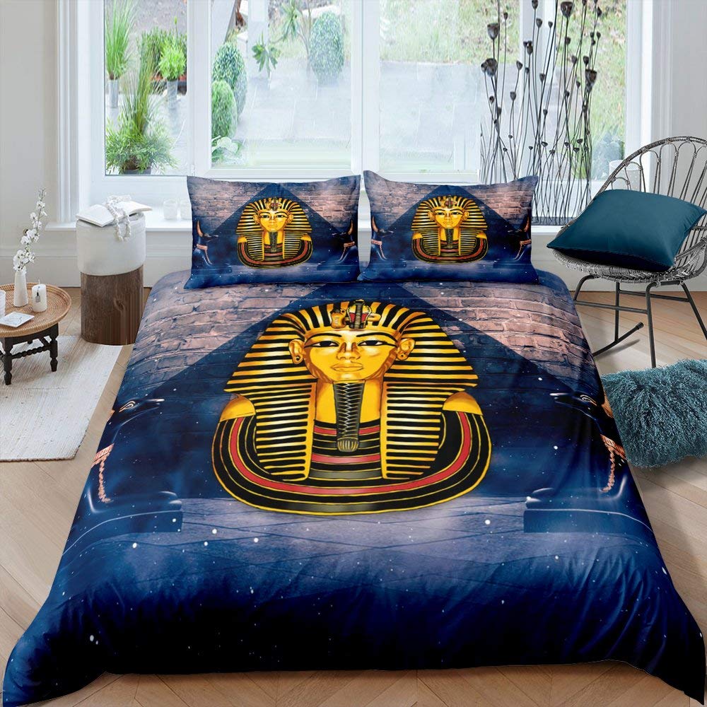 Erosebridal Pharaoh Duvet Cover Set - Full Size Egyptian Culture Inspired Bedding | Retro Style Comforter Cover with Abstract Trippy Blue & Gold Design | Perfect for Bedroom Decor & Bohemian Themed Rooms