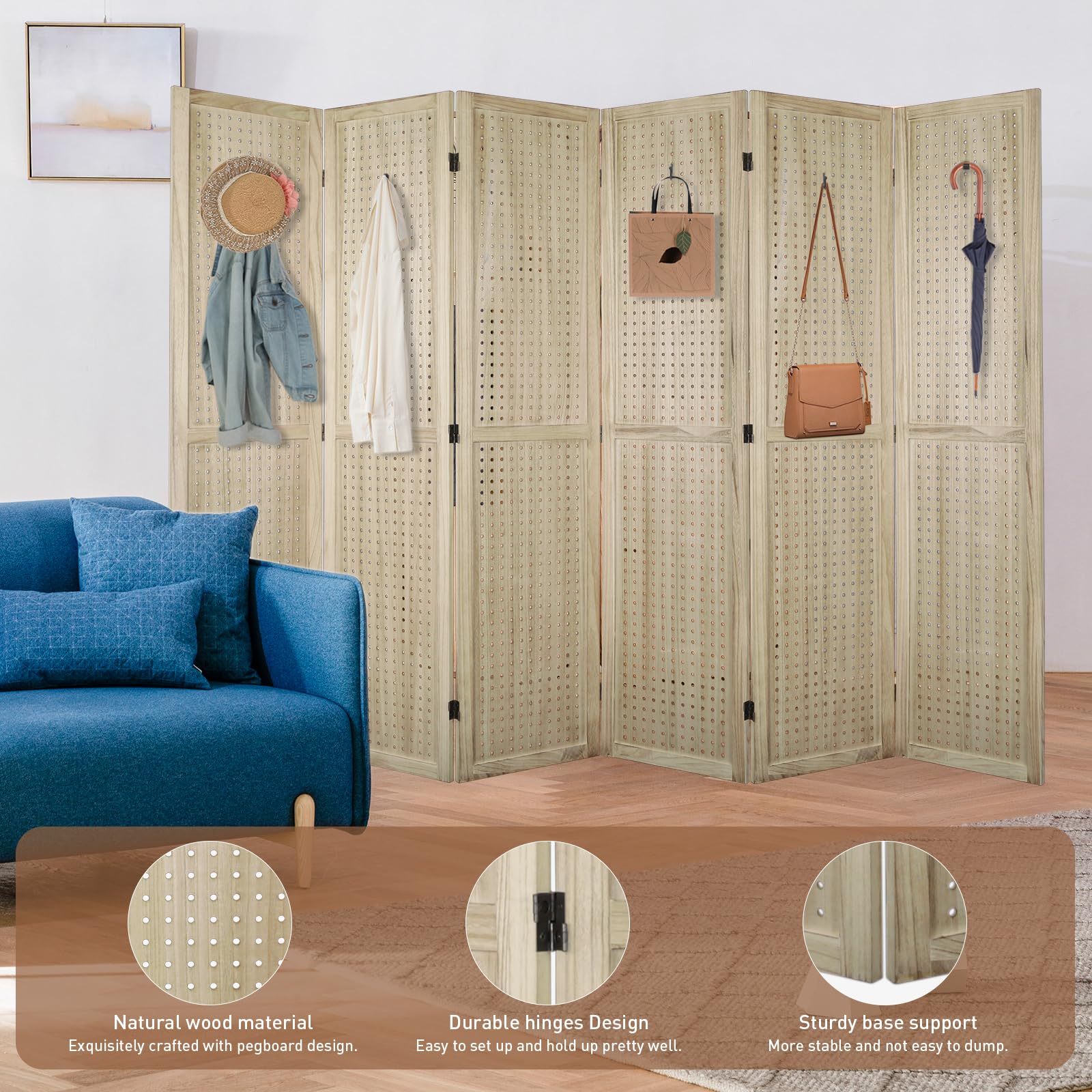 ECOMEX 6 Panel Wooden Room Divider - 5.6Ft Folding Privacy Screen & Pegboard Display for Home, Office, Trade Shows | Freestanding Wall Organizer | Natural Wood Finish | Perfect for Room Separation, Craft Displays & Retail Spaces