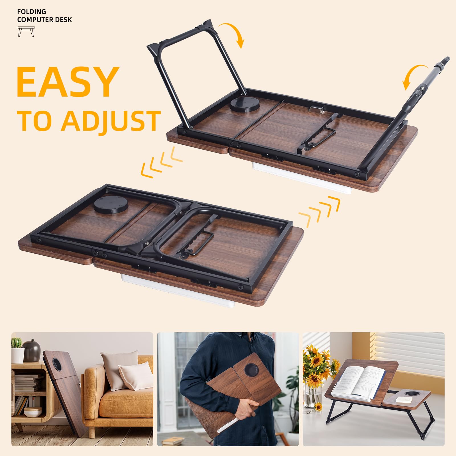 Adjustable Wooden Lap Desk for Bed & Sofa - Portable Laptop Tray with Built-in Cup Holder & Phone Slot - Perfect for Working, Reading, or Snacking in Bed, Couch, or Floor