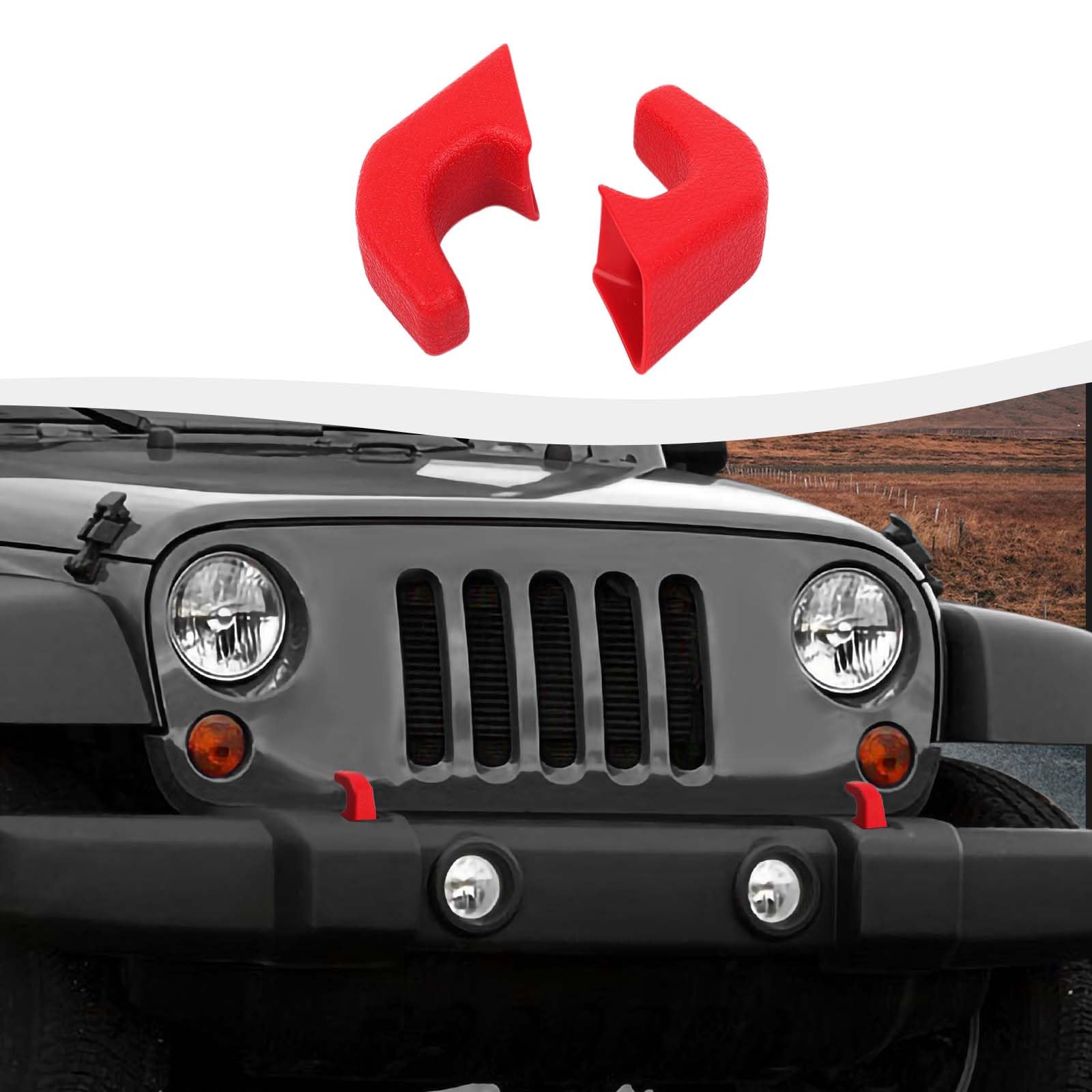 2Pcs Red Bumper Tow Hook Covers for 2007-2018 Jeep Wrangler JK/JKU & 2018-2025 JL/JLU/Gladiator JT - Durable Exterior Accessories for Off-Road Protection & Custom Styling