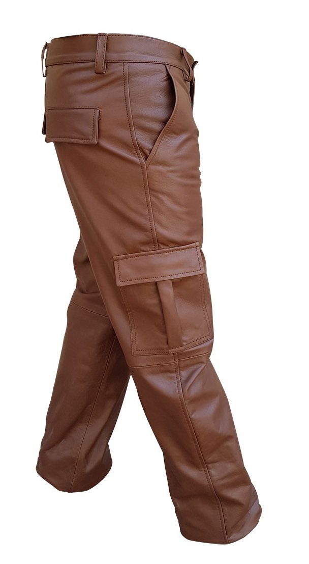 Men's Genuine Brown Cow Leather Cargo Pants - 6 Pocket Utility Jeans with Full Lining | Durable Workwear & Outdoor Adventure Pants