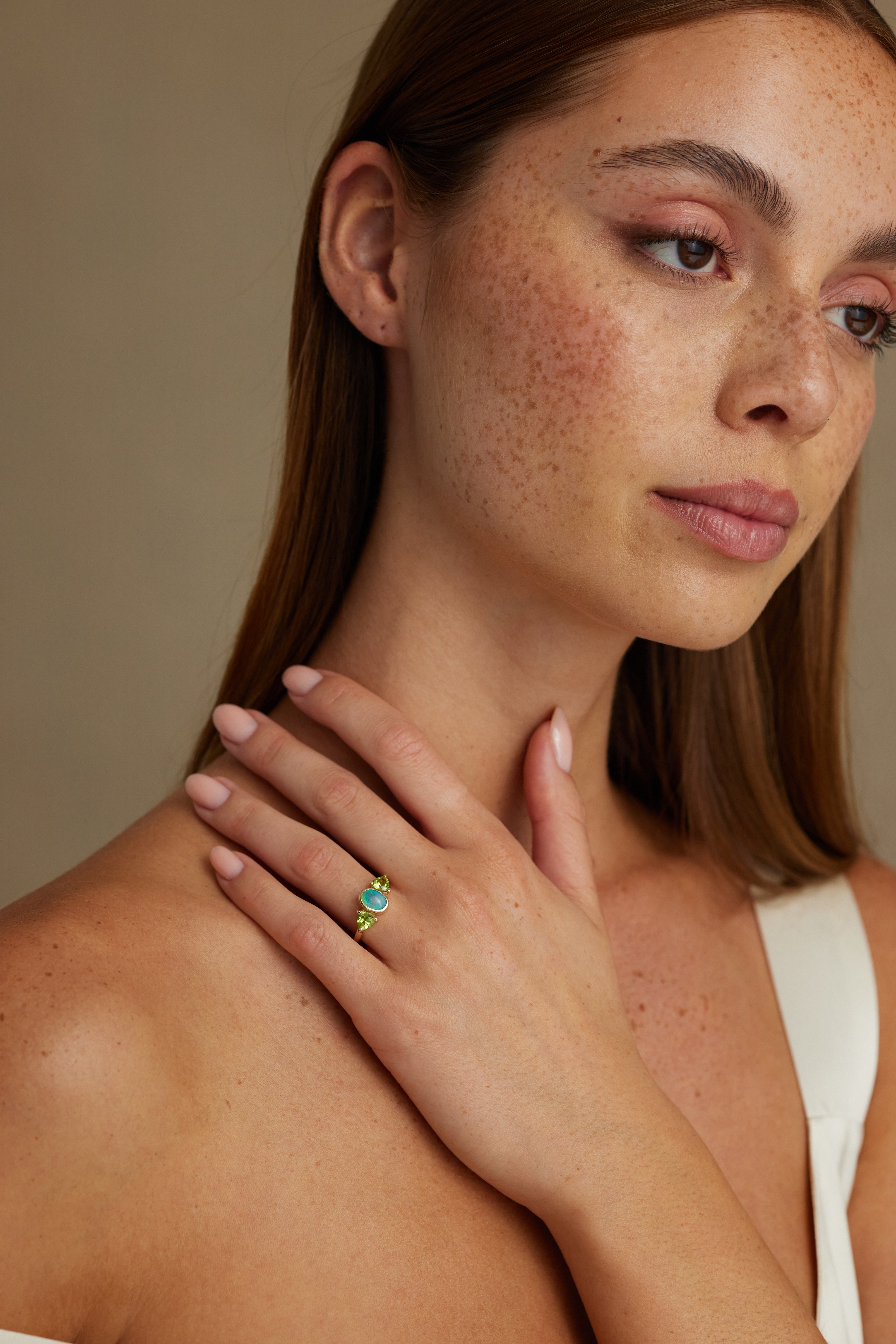 14K Yellow Gold Envy Opal and Peridot Ring - Elegant Stackable Band for Women, Perfect for Wedding, Anniversary & Everyday Jewelry