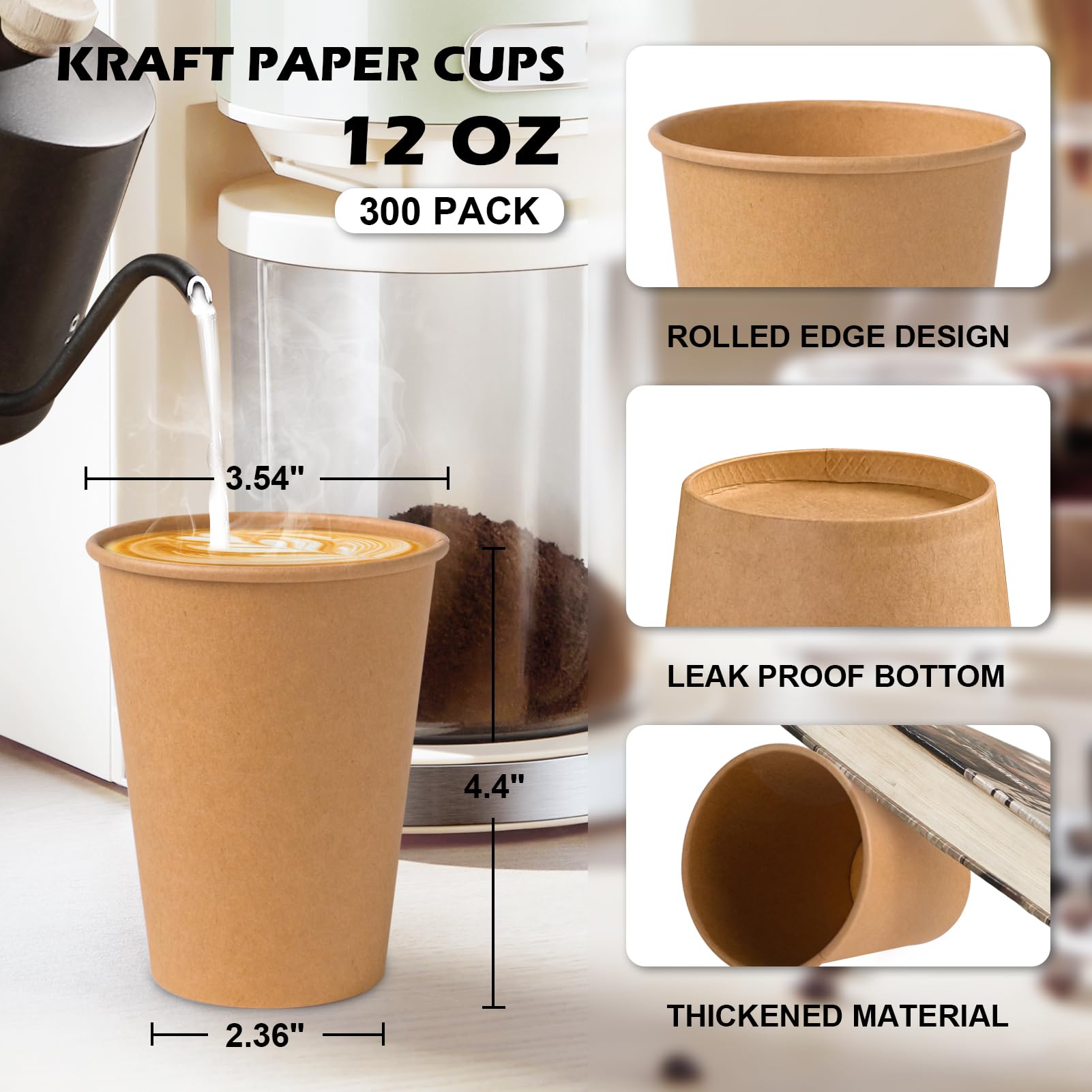 300 Pack 12 oz Unbleached Kraft Paper Cups | Eco-Friendly Disposable Coffee Cups for Hot & Cold Beverages | Thickened Design for Parties, Home, Cafes, Bistros & Offices | Perfect for Morning Coffee, Office Meetings & Outdoor Events (Brown)