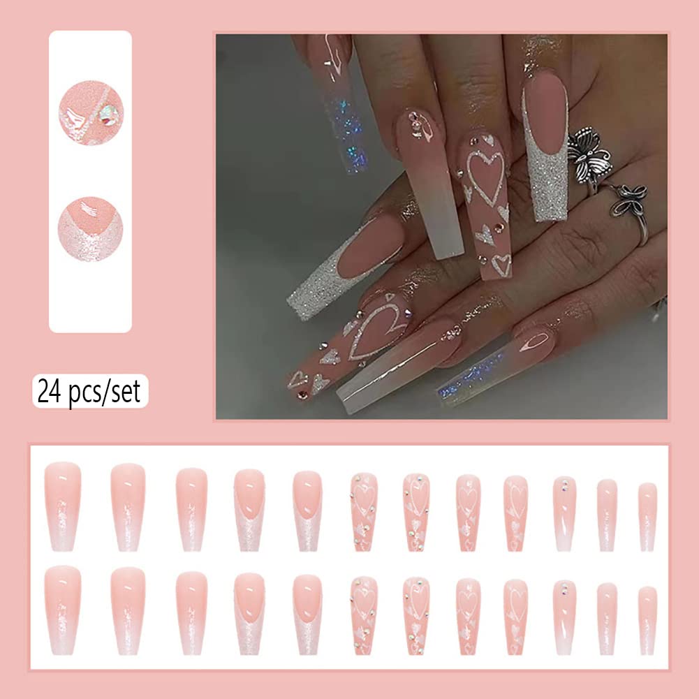 Carufin 24Pcs Long Coffin Press on Nails with Glossy Shine & Heart French Tip - Acrylic False Nails for Women & Girls (Style D) - Perfect for Parties, Weddings, and Special Occasions