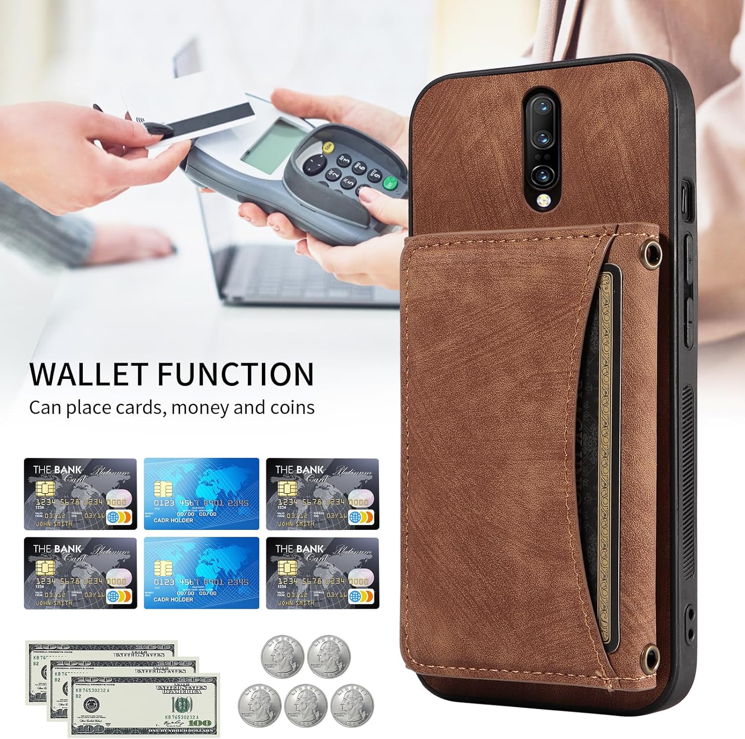OnePlus 7 Pro Wallet Case with Crossbody Shoulder Strap & Leather Credit Card Holder - Slim Protective Phone Cover for Daily Use, Travel & Business