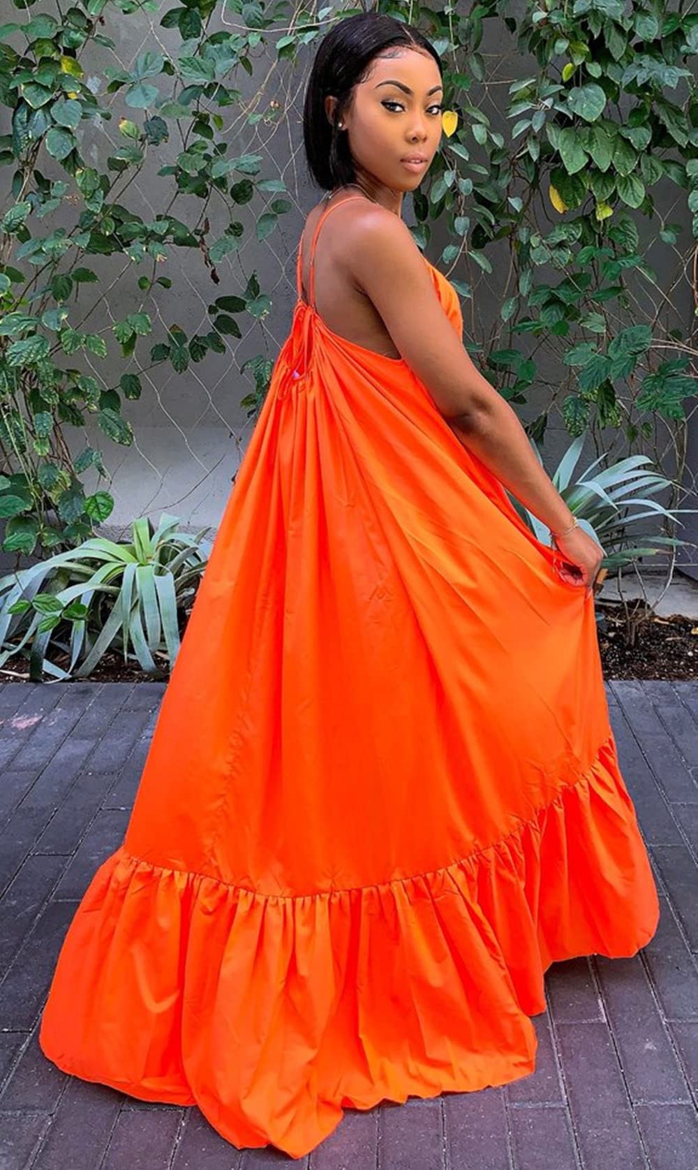 Women's Sexy Sleeveless Spaghetti Strap Maxi Dress with Ruched Detail & Ruffle Hem - Plus Size Beach Cover Up, Summer Party, Vacation Swing Dress